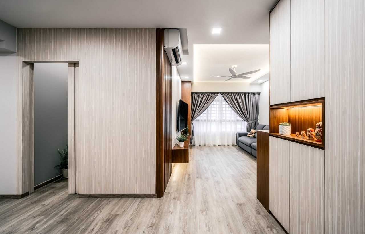 Scandinavian Hallway with Vinyl Flooring and Storage Cabinets