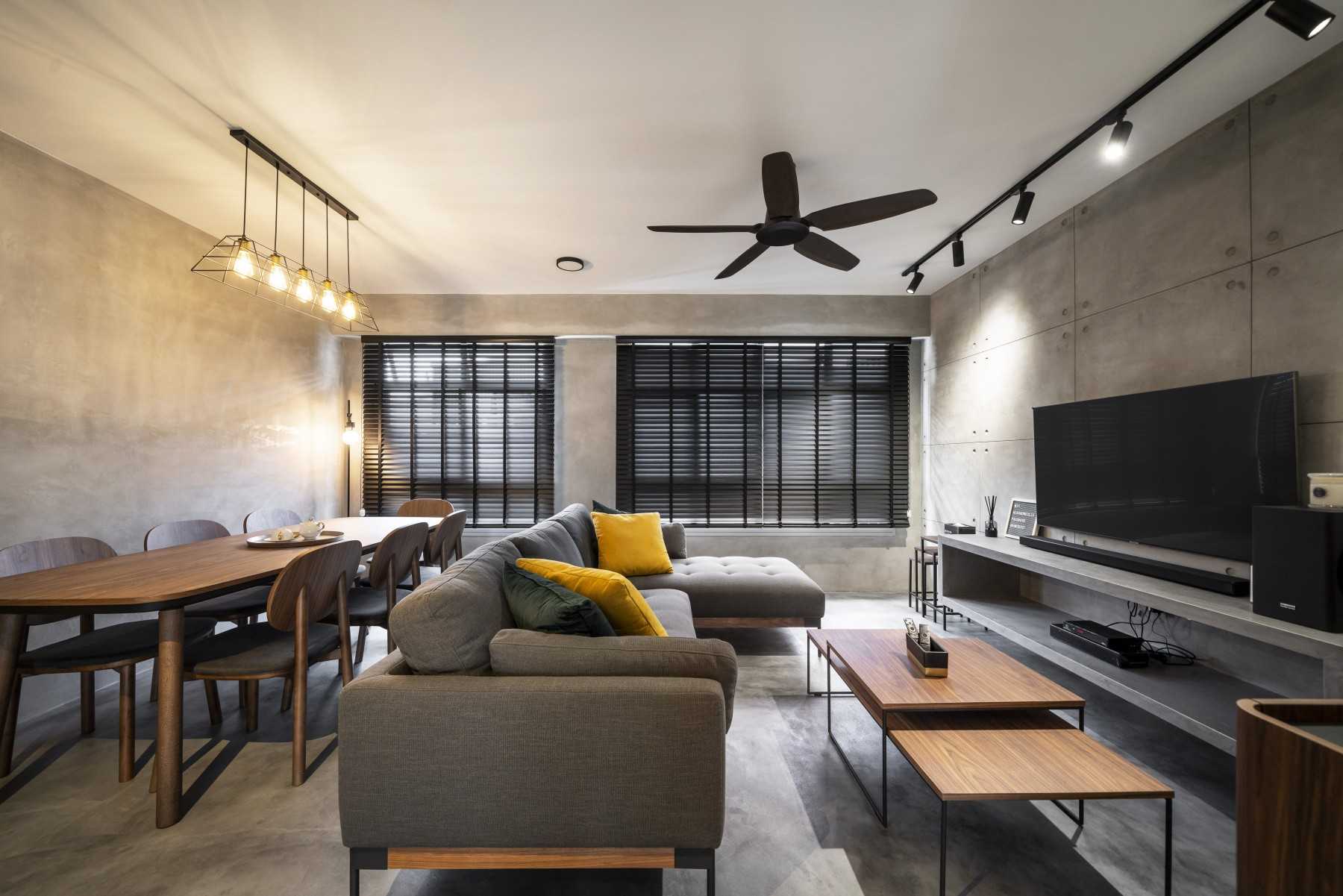 Industrial Living Room with Cement Floor and TV Console