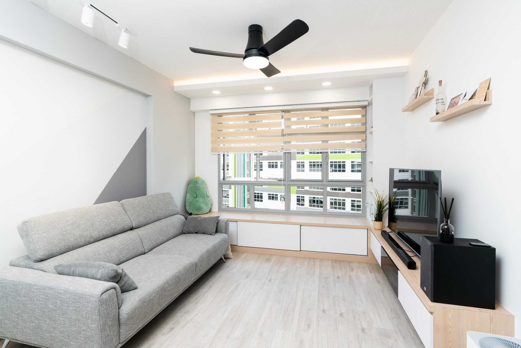 Minimalist Living Room with Wood Flooring and TV Console