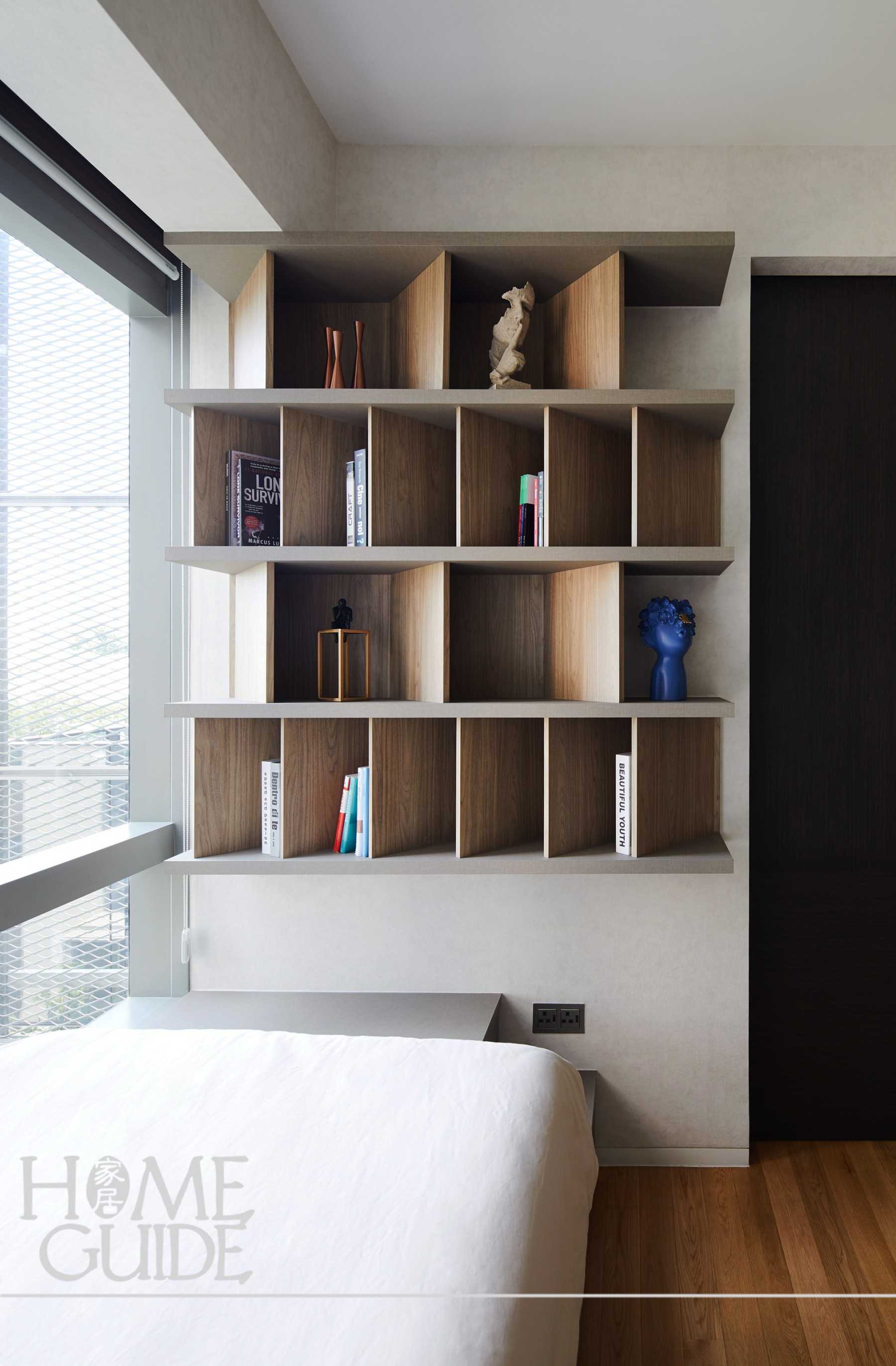 Scandinavian Bedroom with Bookshelf and Bay Window