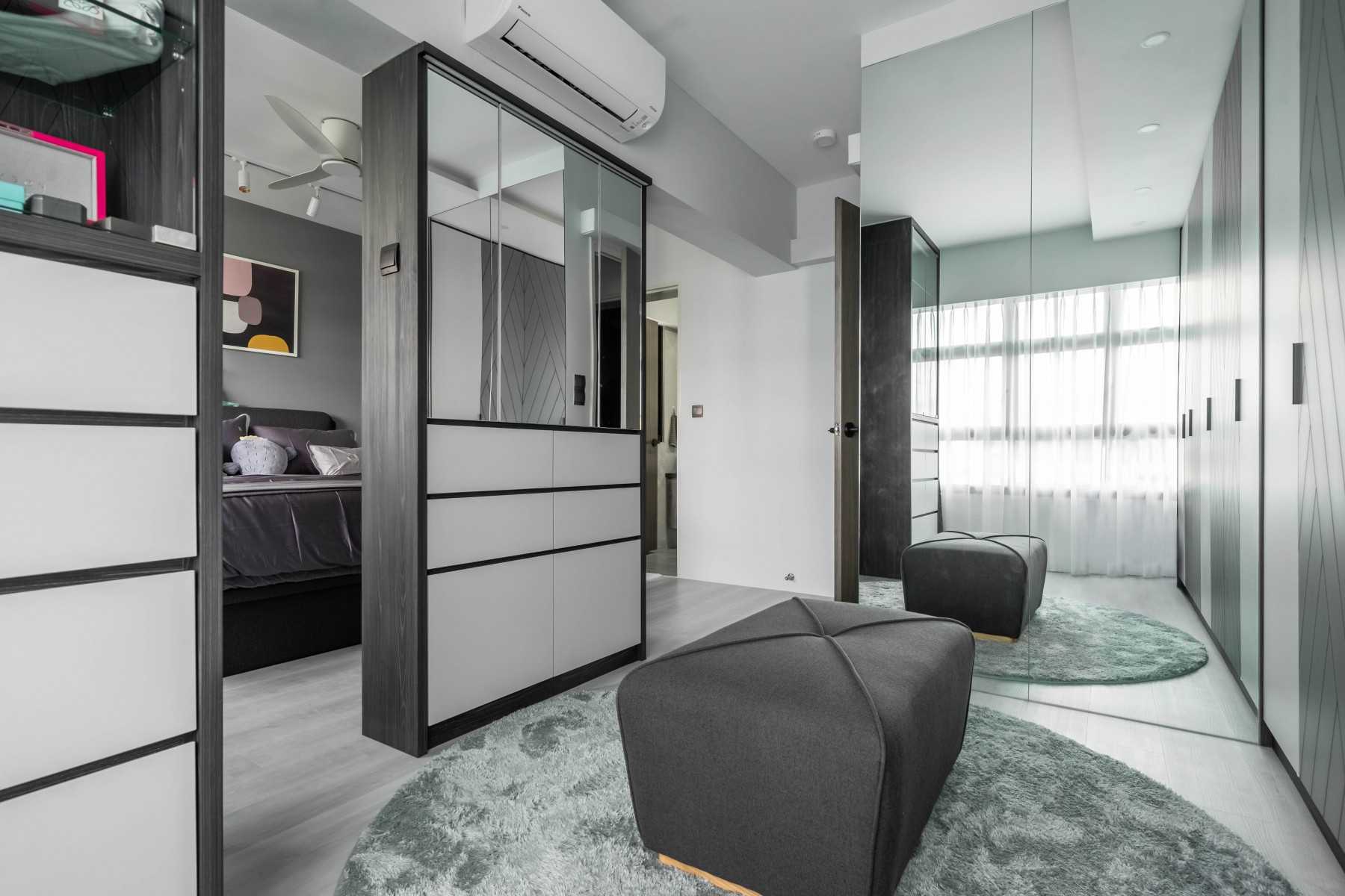 Contemporary Bedroom with Vinyl Flooring and Mirror