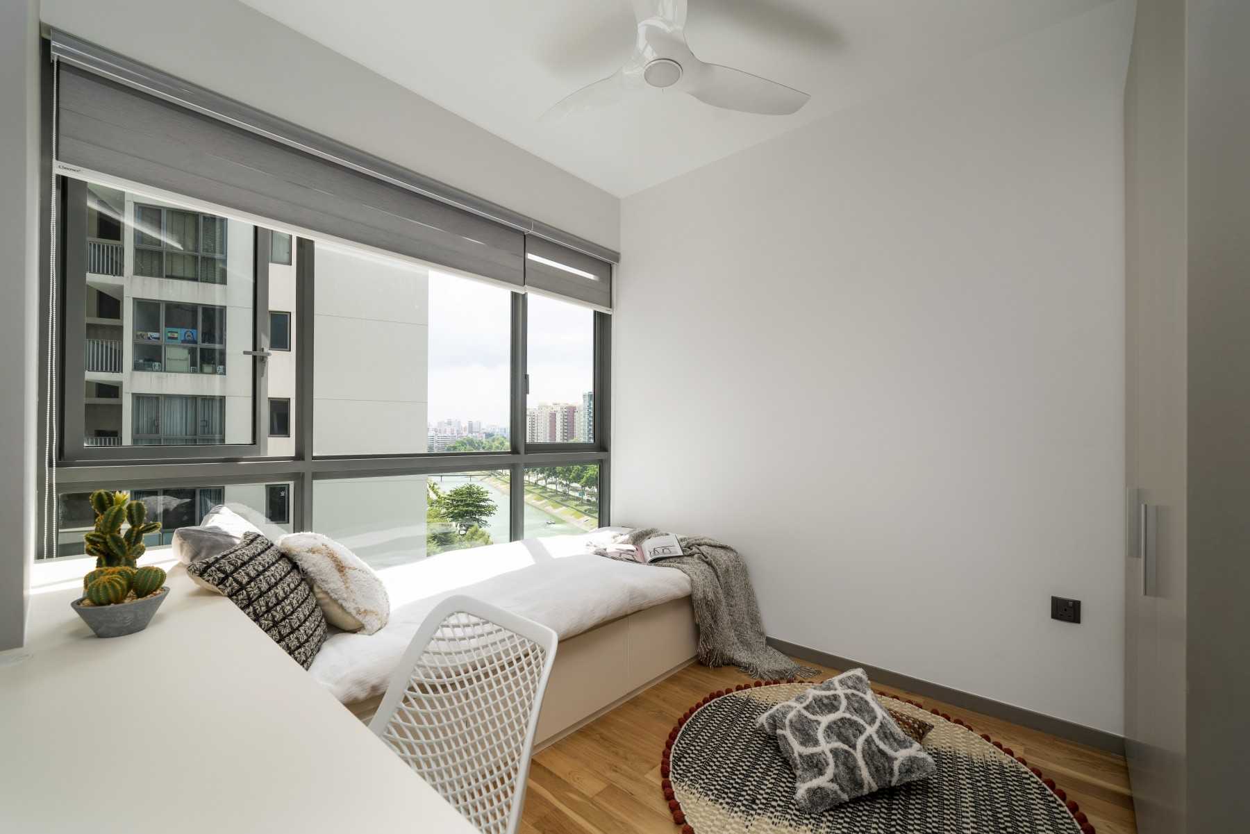 Contemporary Bedroom with Wood Flooring and Built-in Bed