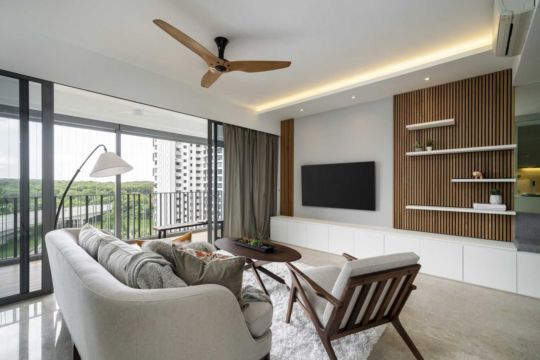 Contemporary Living Room with Bookshelf and Marble Floor