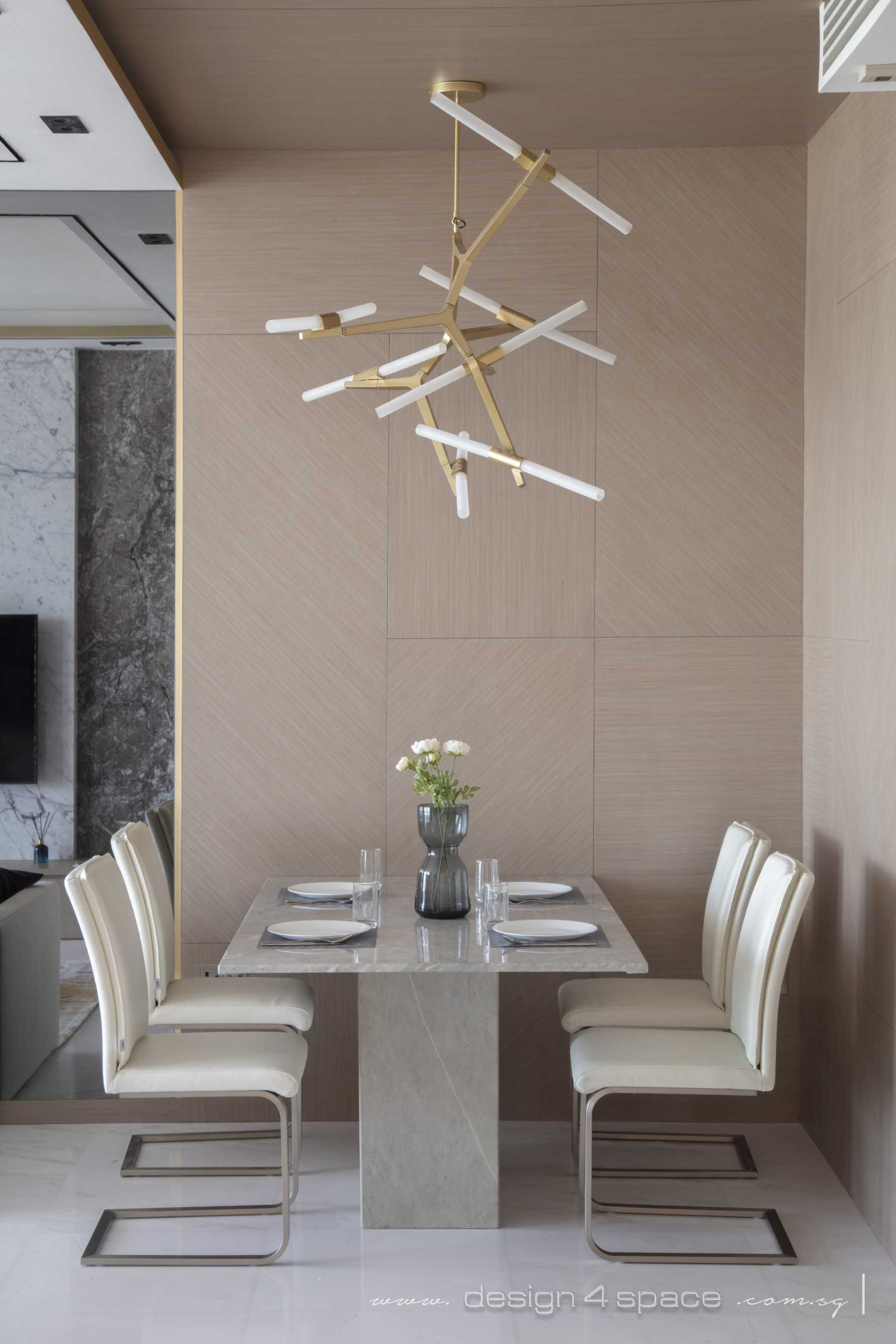 Modern Dining Room with Marble Floor and Drop Light
