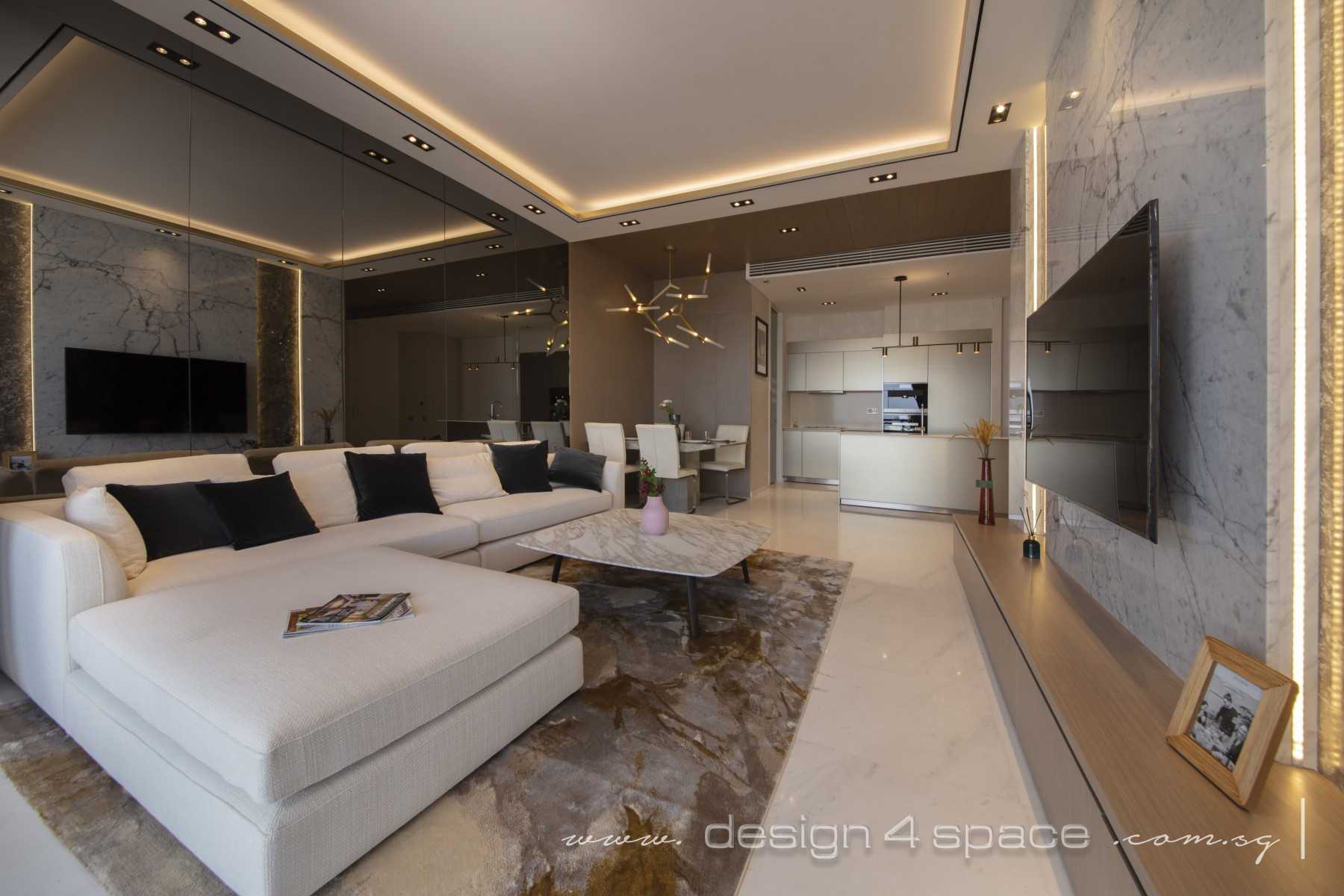 Modern Living Room with Mirror and Ceiling Light