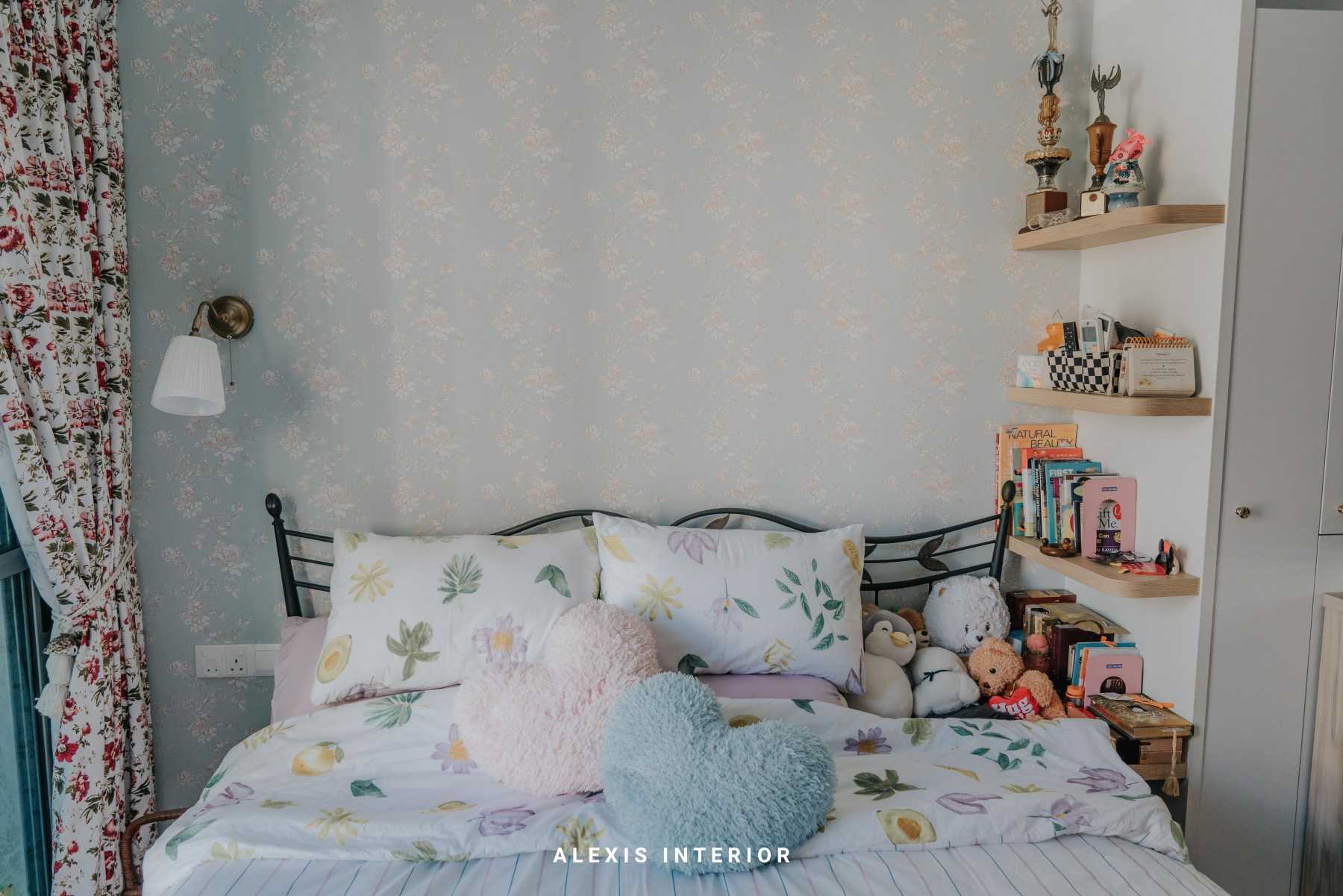 Country Bedroom with Bookshelf and Wallpaper