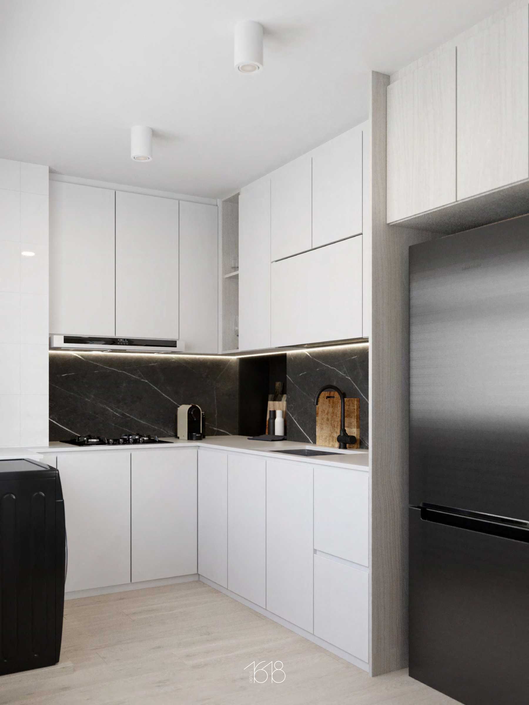 Scandinavian Kitchen with Open Kitchen and Kitchen Backsplash