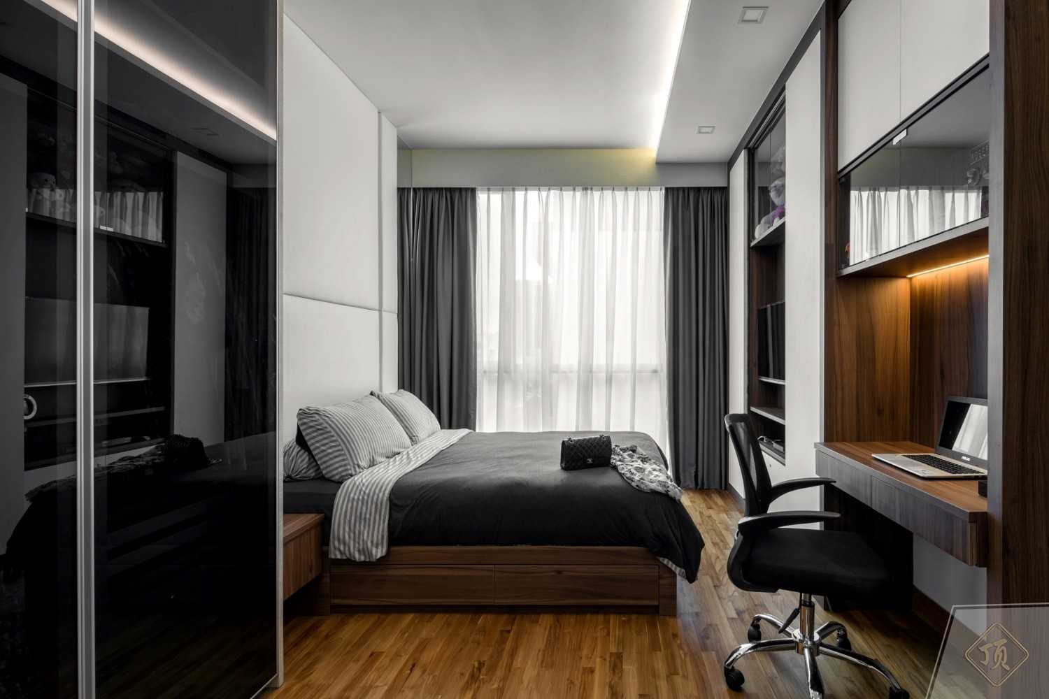 Modern Bedroom with Wood Flooring and Built-in Bed