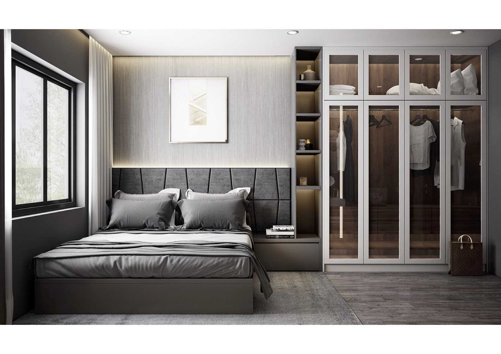 Modern Bedroom with Bookshelf and Wardrobe