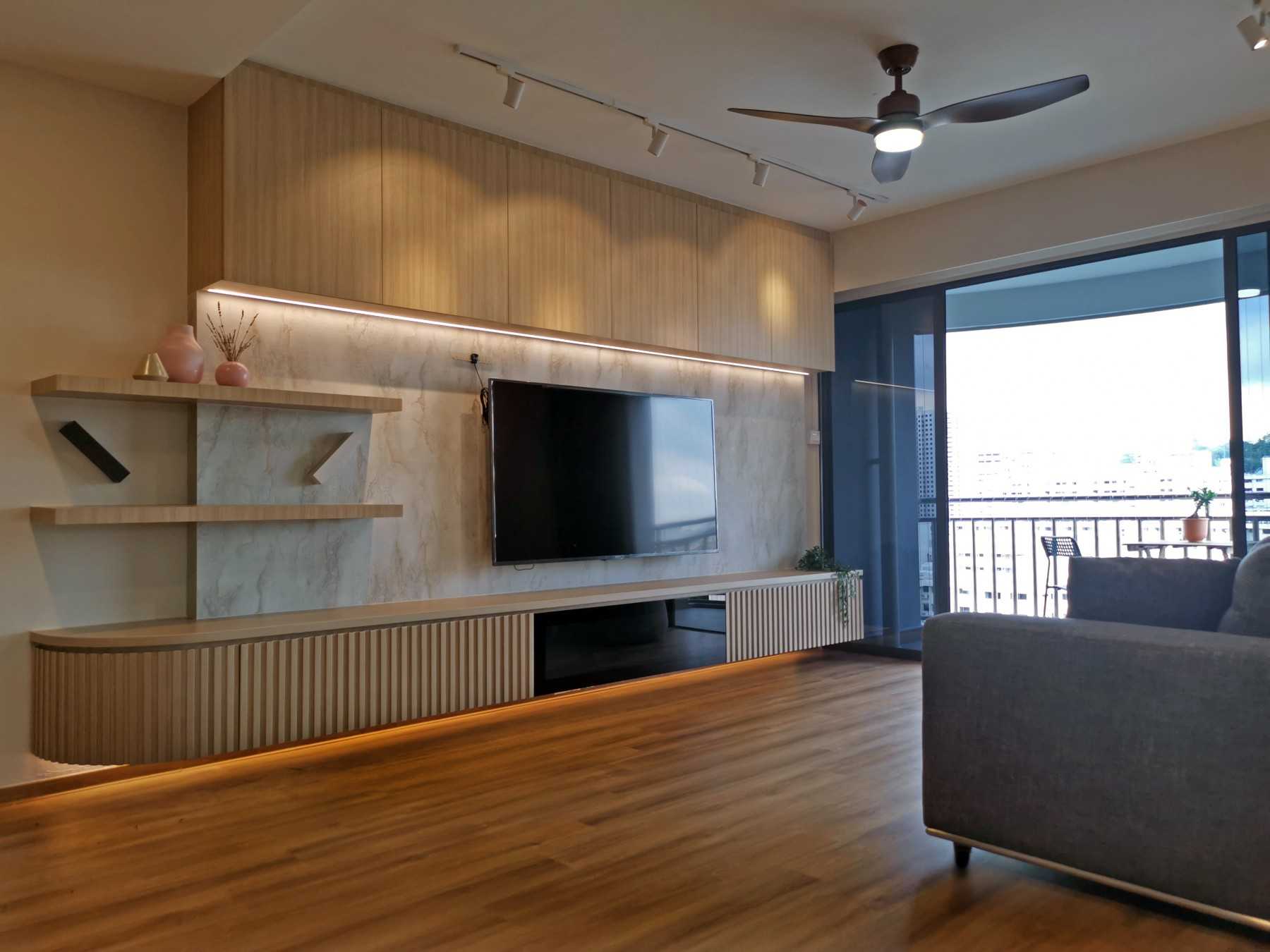 Minimalist Living Room with Bookshelf and Vinyl Flooring