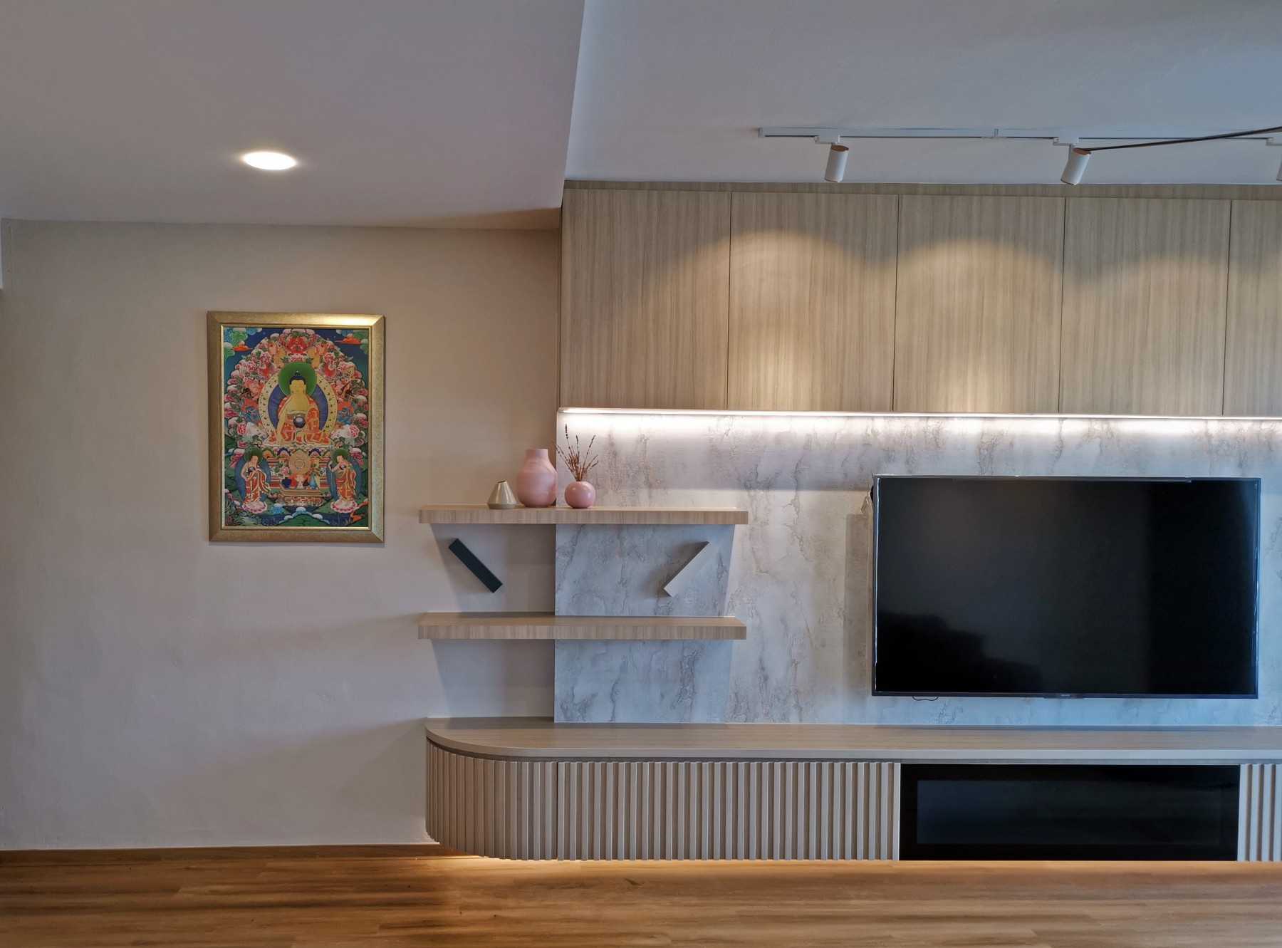 Minimalist Living Room with Bookshelf and Vinyl Flooring