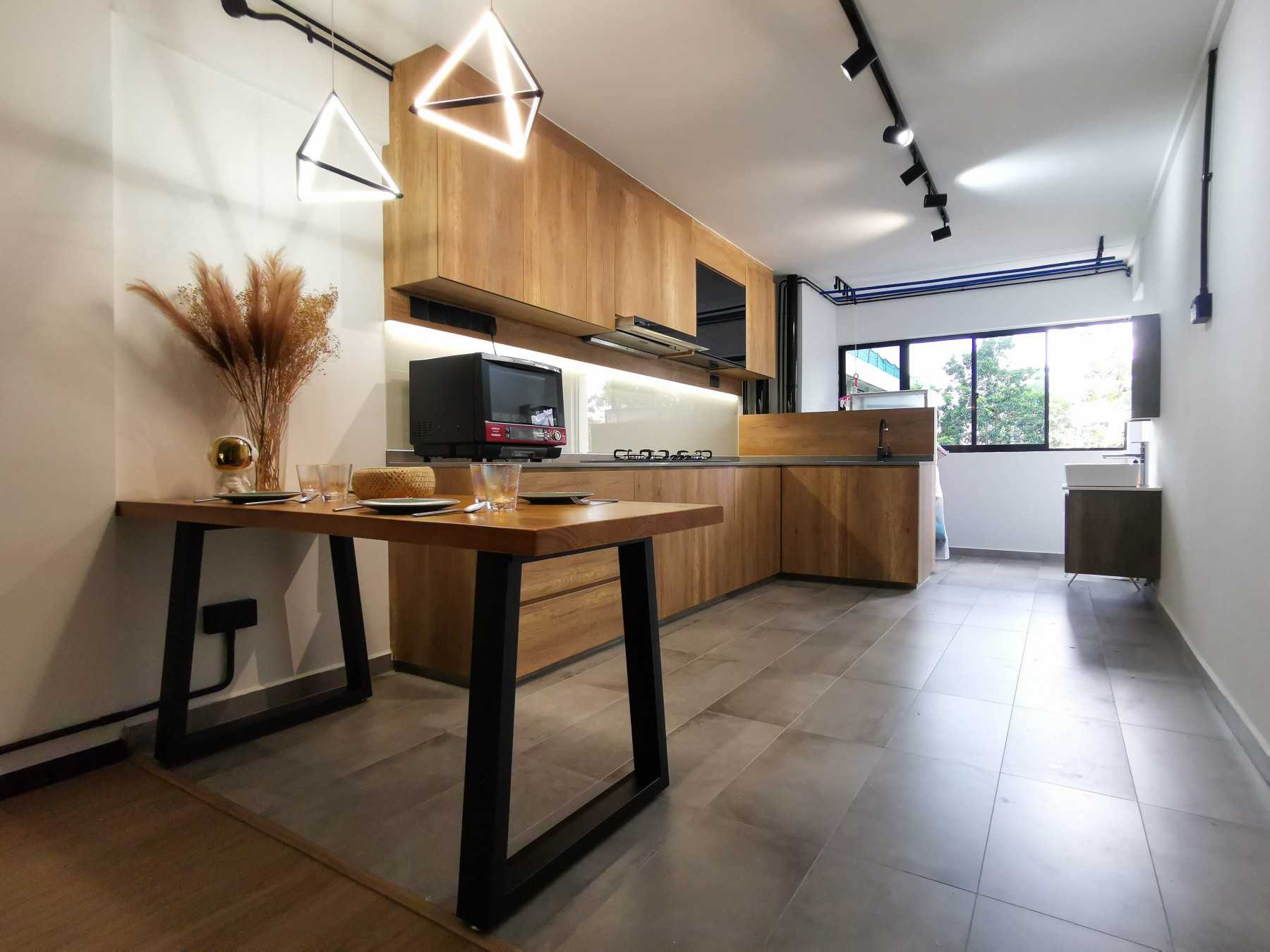 Industrial Dining Room with Chandelier and Dining Table