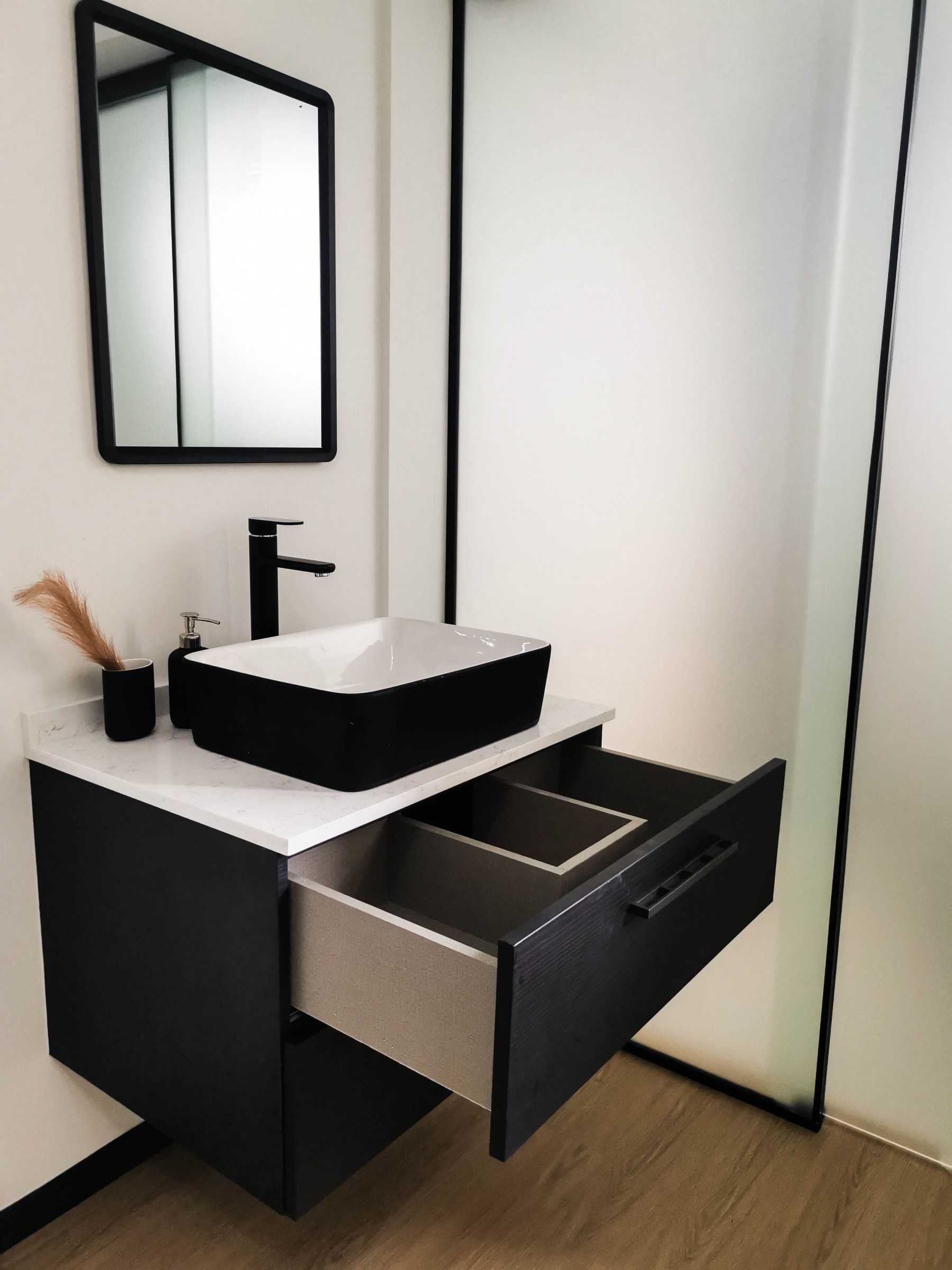 Industrial Bathroom with Countertop and Parquet Floor