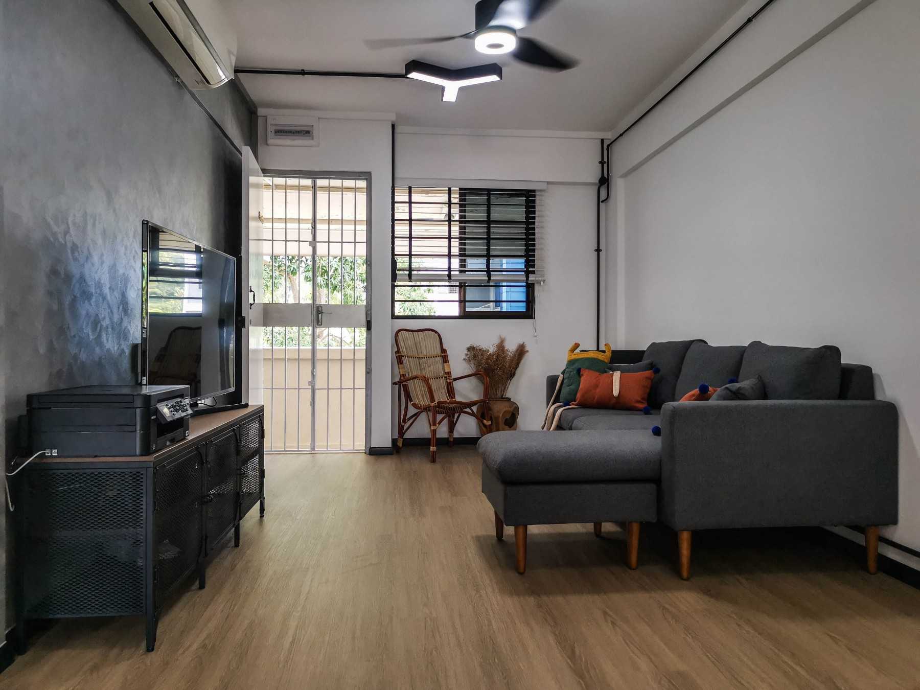Industrial Living Room with Vinyl Flooring and TV Console