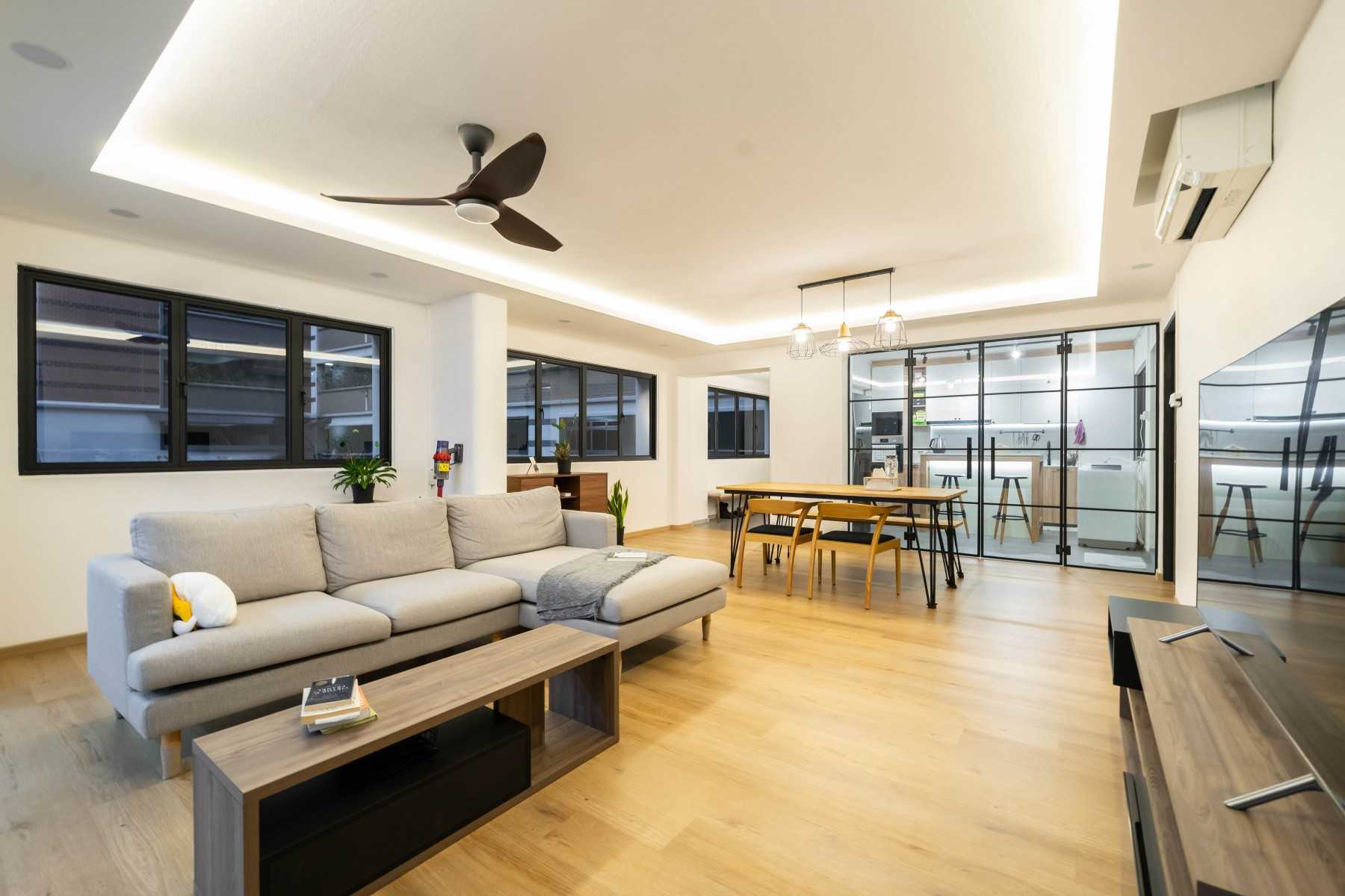 Scandinavian Living Room with Wood Flooring and TV Console
