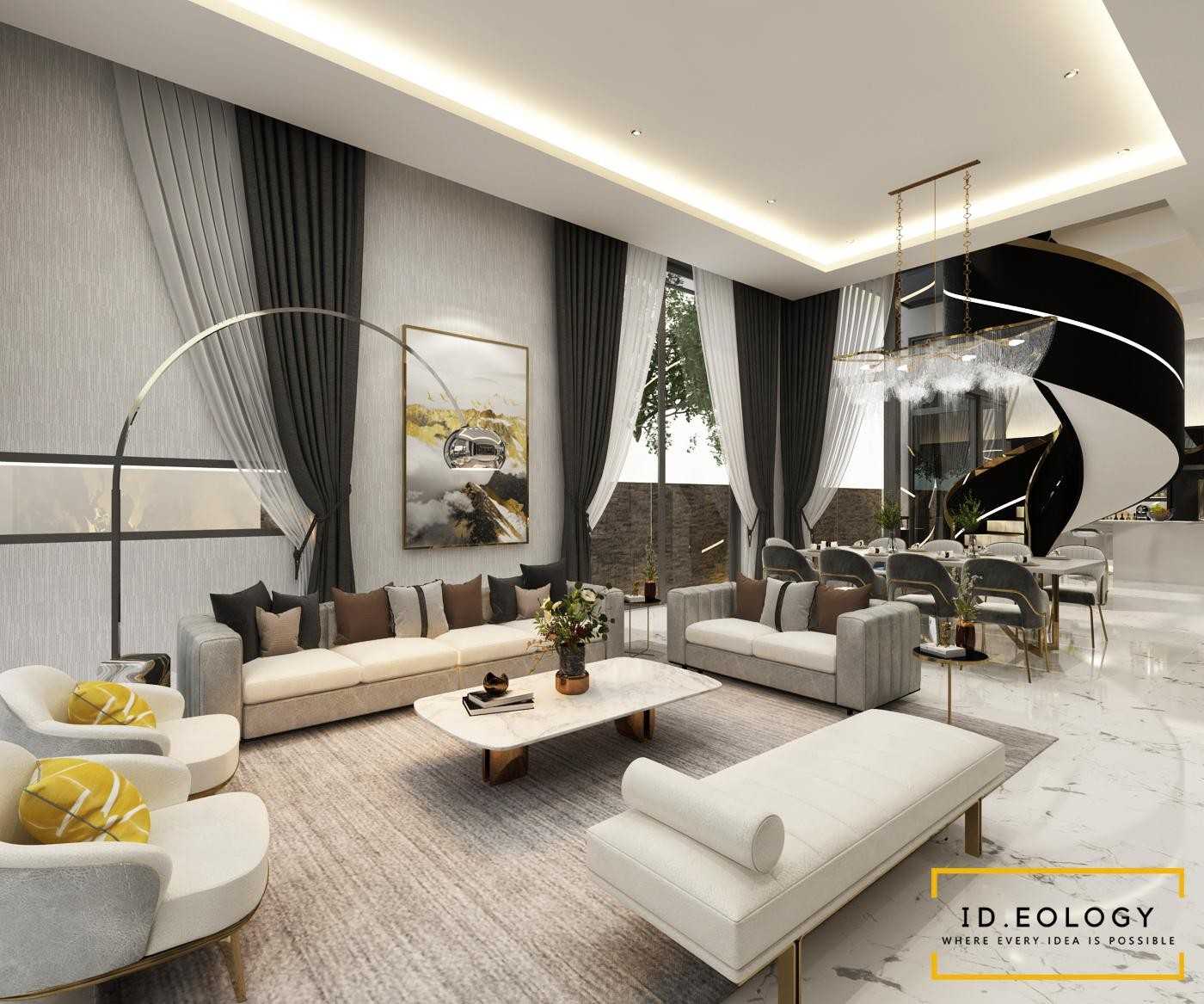 Contemporary Living Room with Bookshelf and Settee