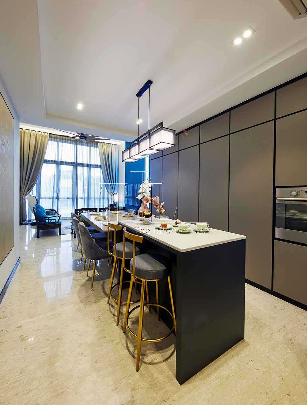 Asian Dining Room with Marble Floor and Dining Table