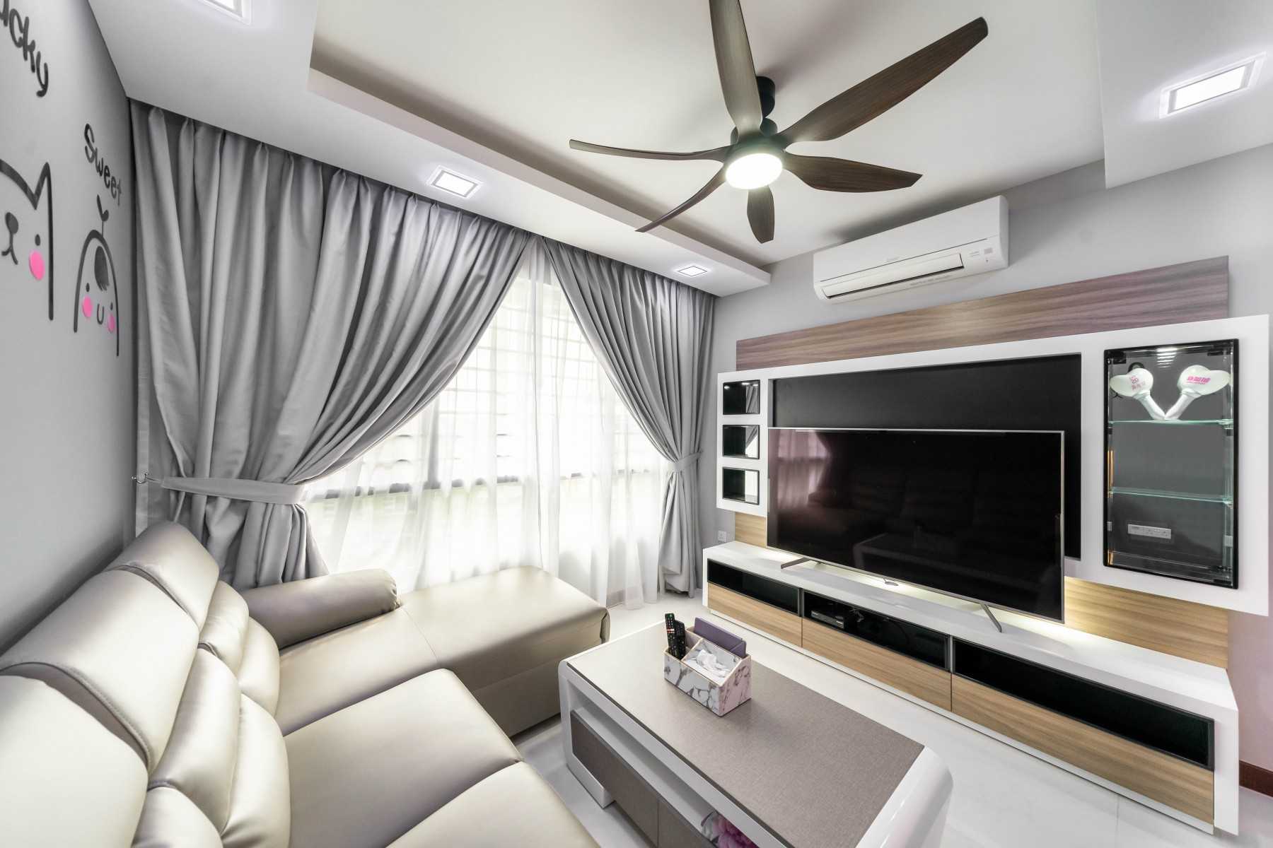 Contemporary Living Room with Homogeneous Tiles and TV Console