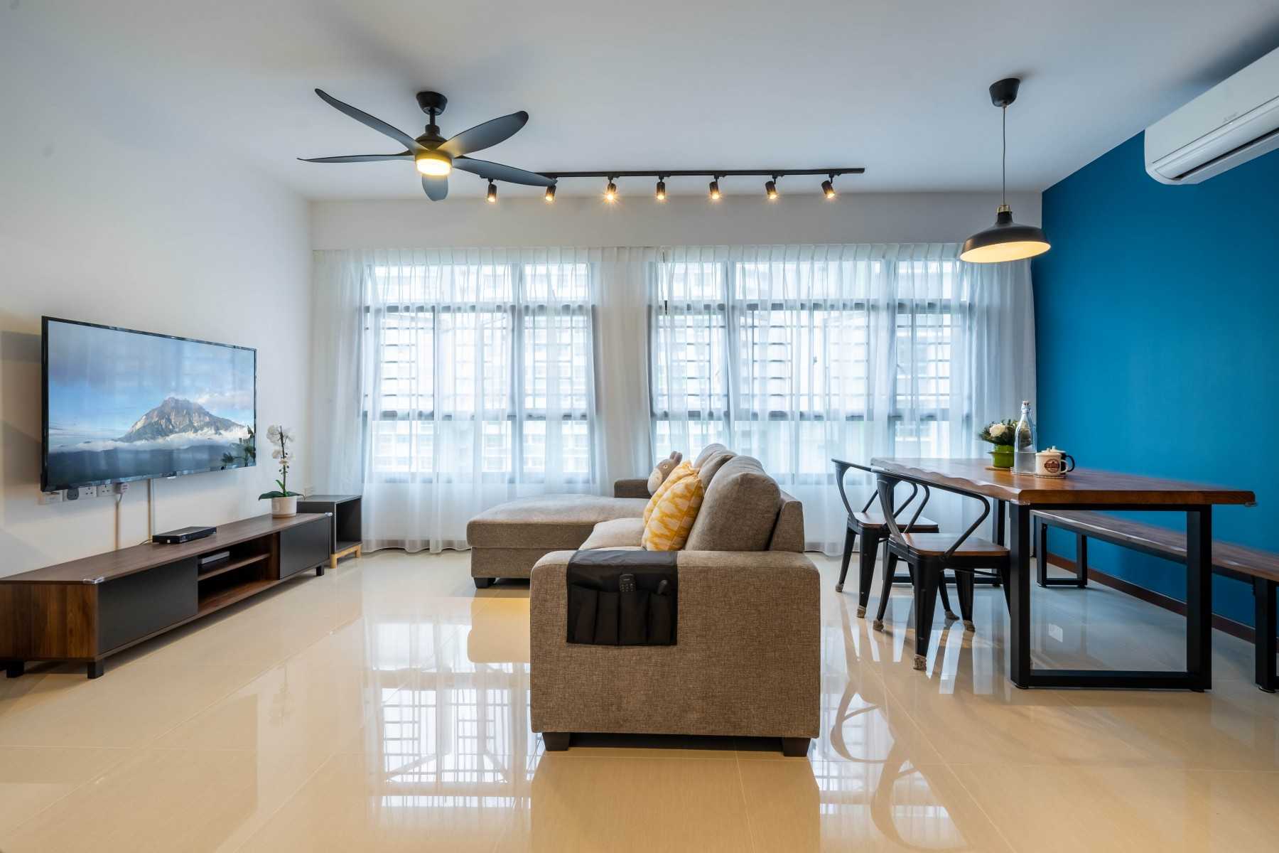Scandinavian Living Room with Homogeneous Tiles and TV Console