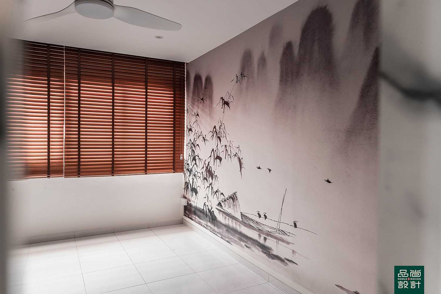 Modern Studio with Homogeneous Tiles and Wallpaper