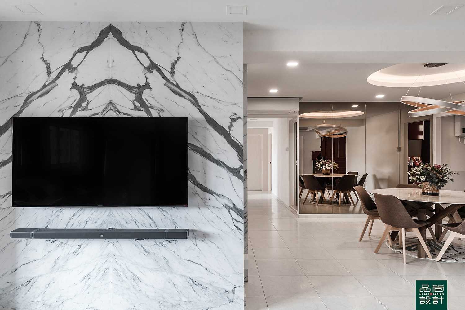 Modern Dining Room with Homogeneous Tiles and Feature Wall