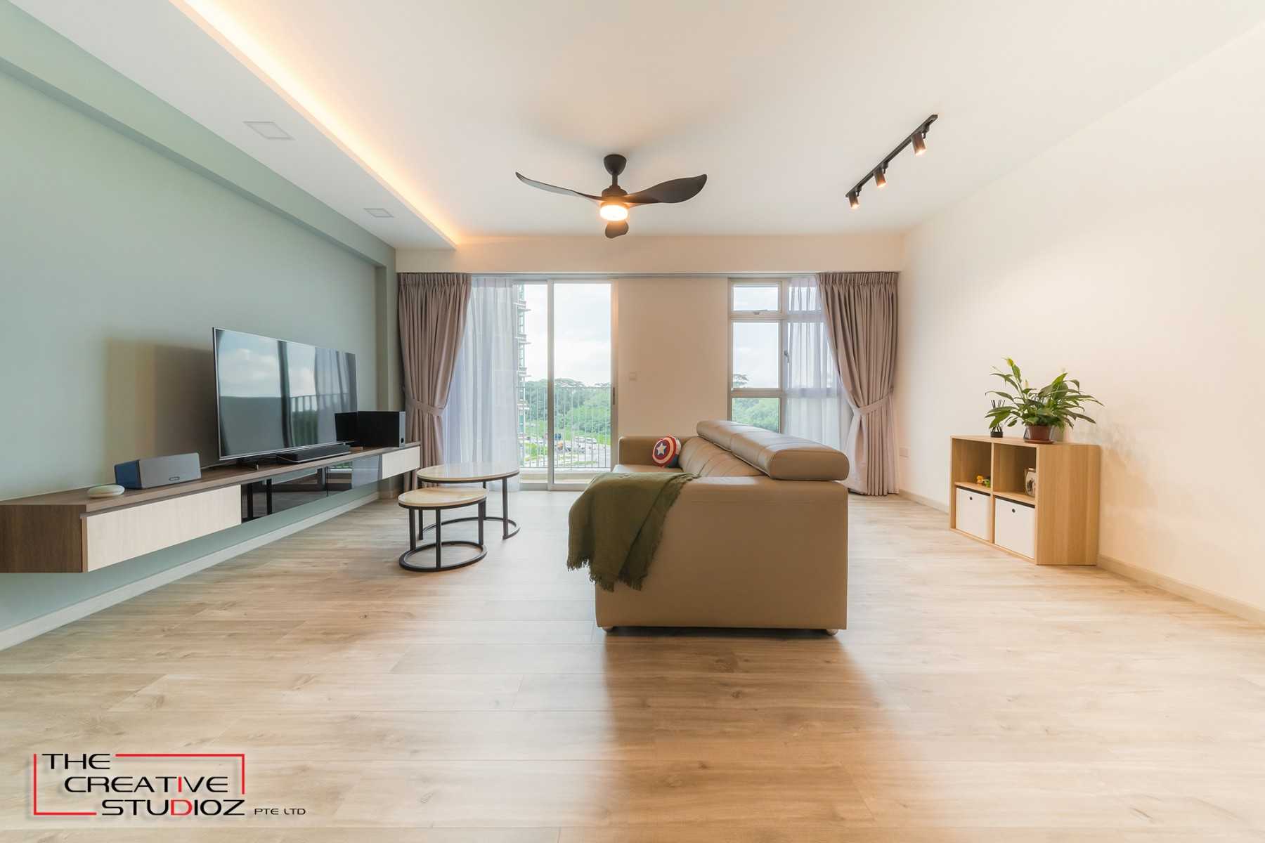Scandinavian Living Room with Vinyl Flooring and TV Console