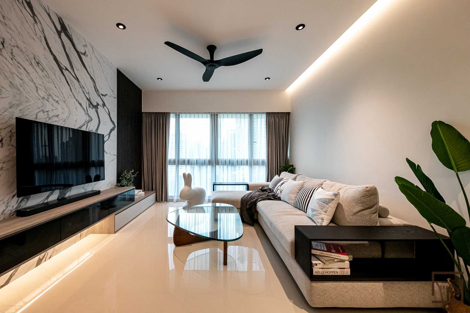 Contemporary Living Room with Homogeneous Tiles and TV Console