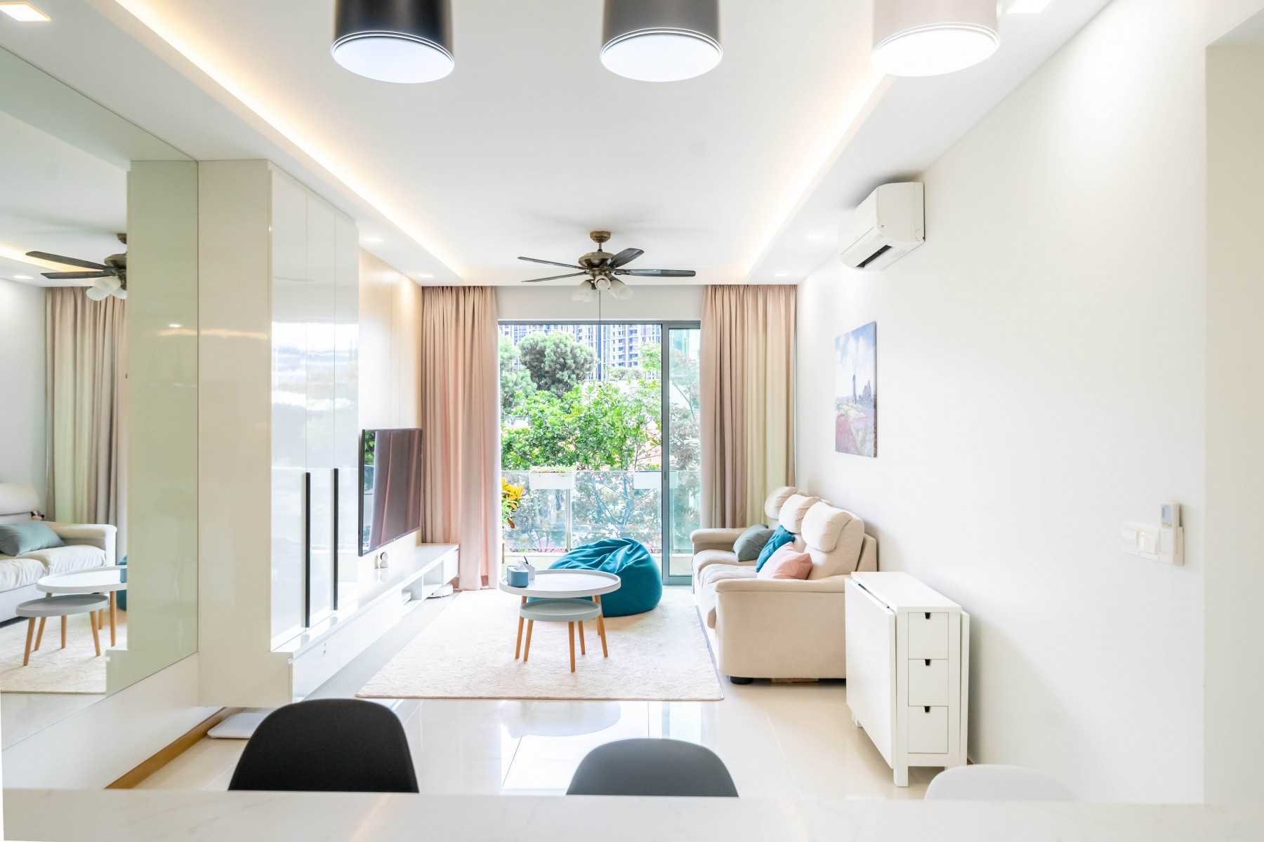 Contemporary Living Room with Homogeneous Tiles and TV Console