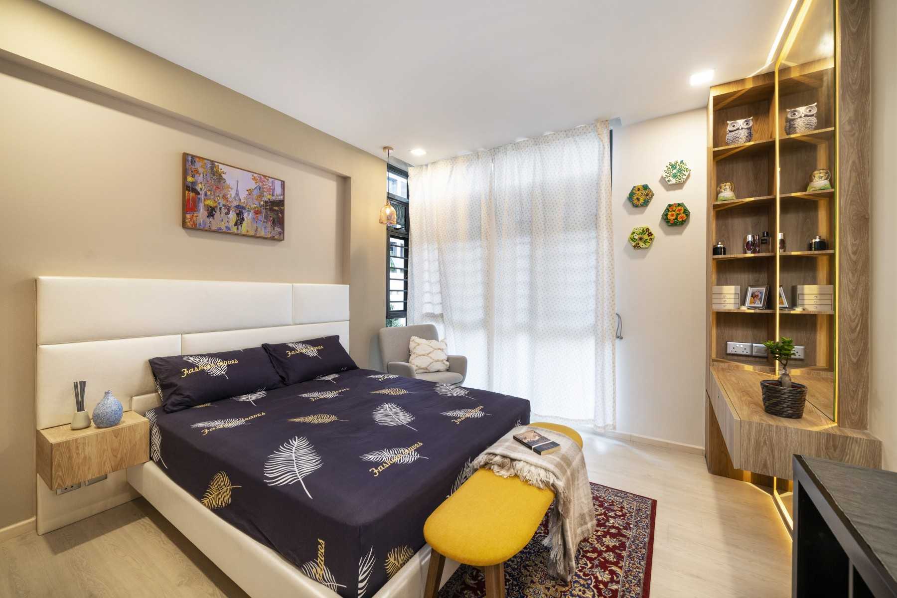 Minimalist Bedroom with Bookshelf and Bedside Table