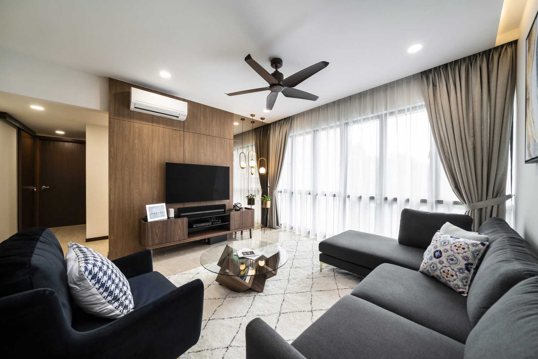 Scandinavian Living Room with Marble Floor and TV Console