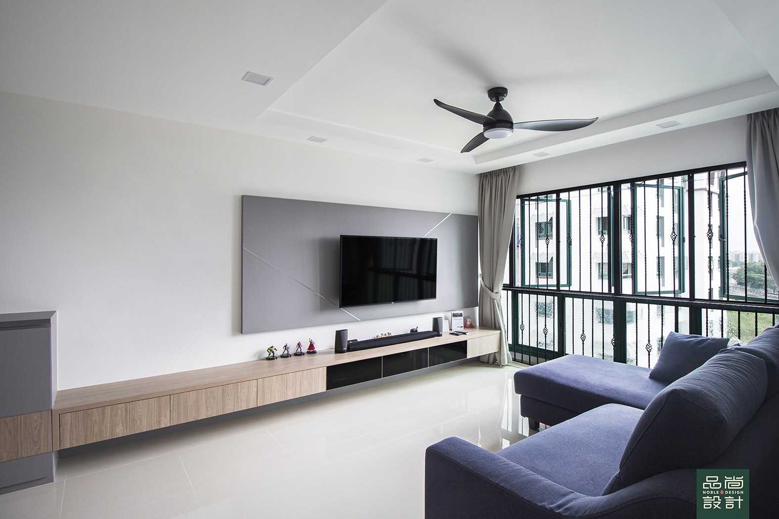Modern Living Room with Homogeneous Tiles and TV Console
