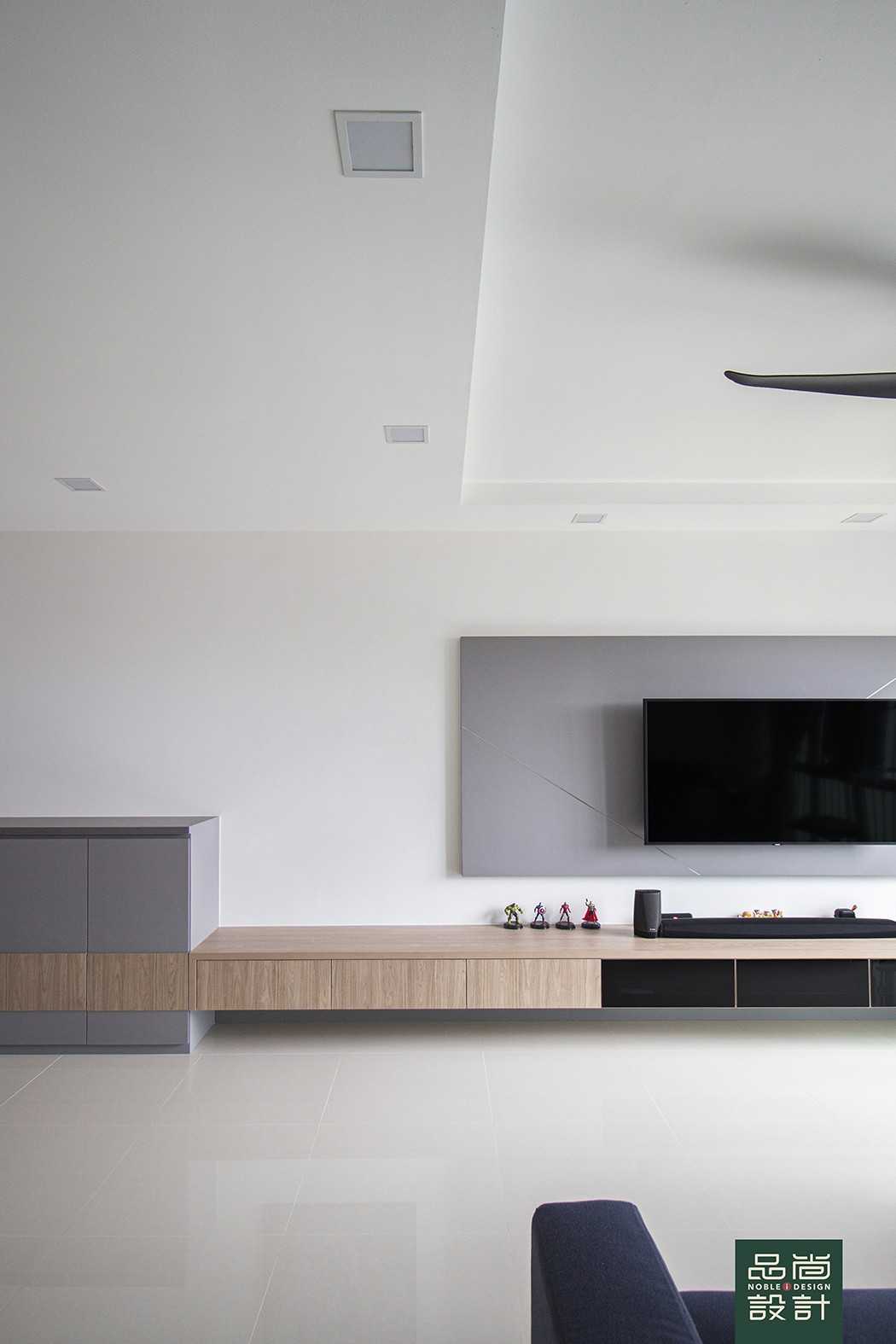 Modern Living Room with Homogeneous Tiles and TV Console