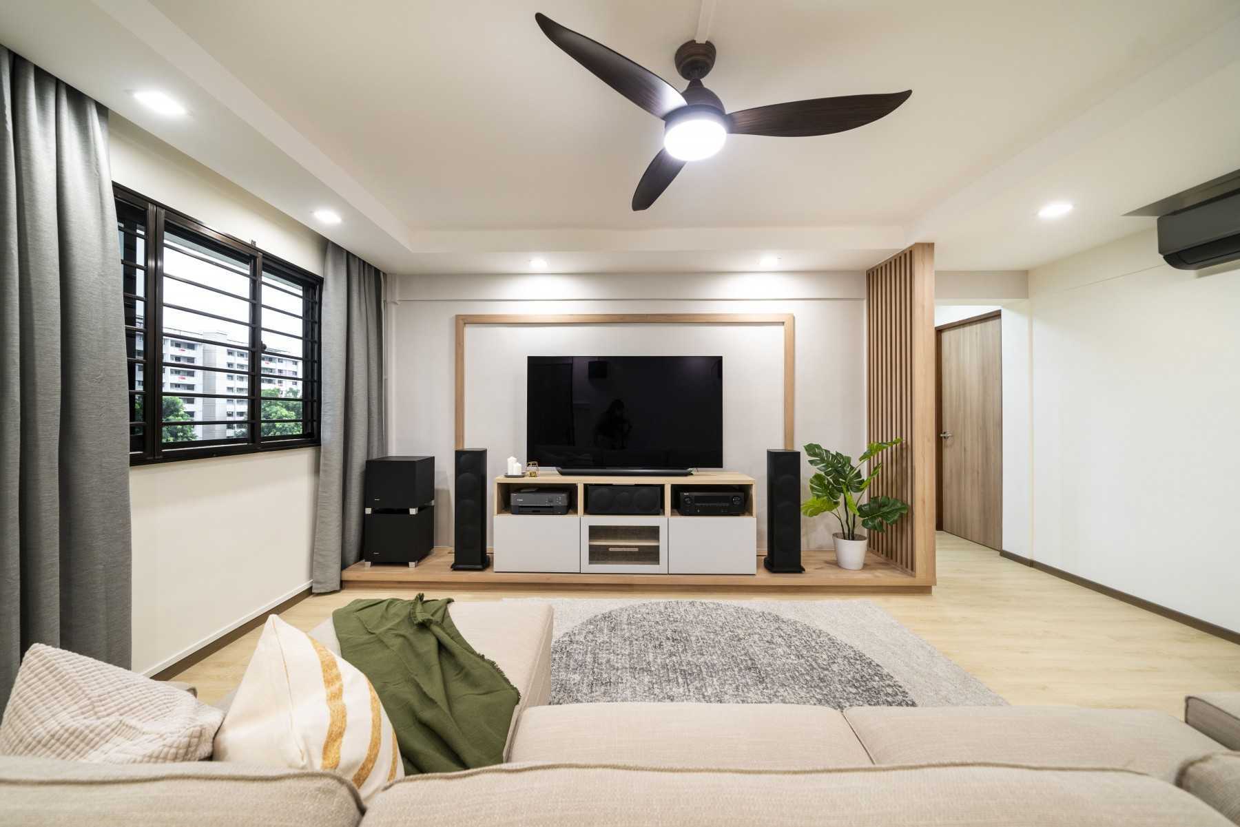 Scandinavian Living Room with TV Console and Feature Wall