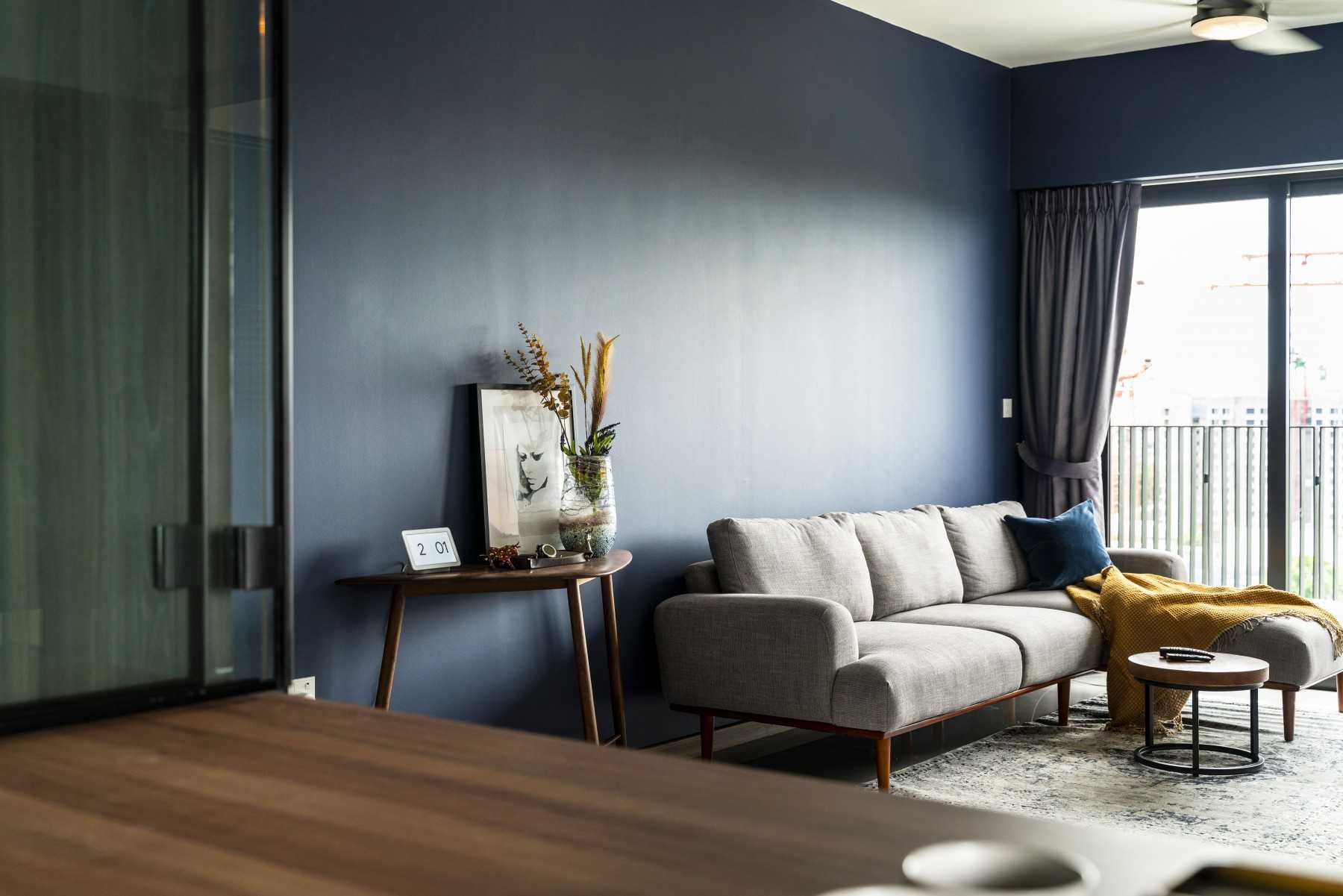 Eclectic Living Room with Granite Floor and Ceiling Light