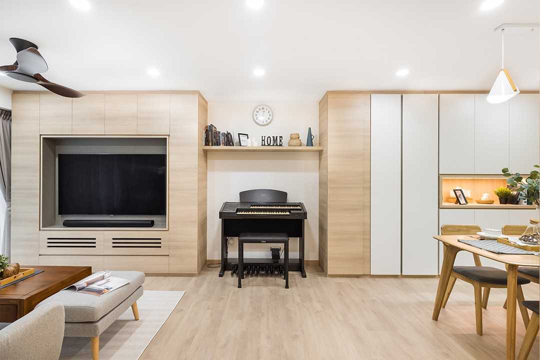 Asian Living Room with TV Console and Display Cabinets