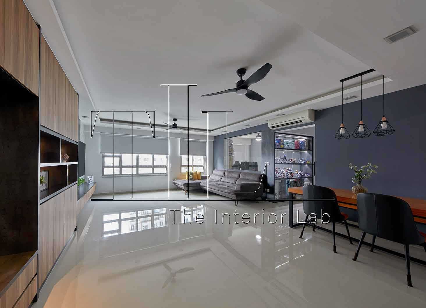 Industrial Living Room with Feature Wall and Ceiling Fan