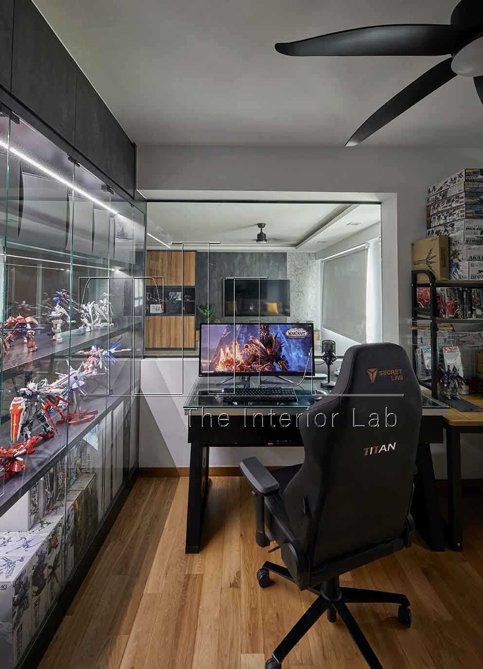 Industrial Gaming Room with TV Console and Ceiling Fan