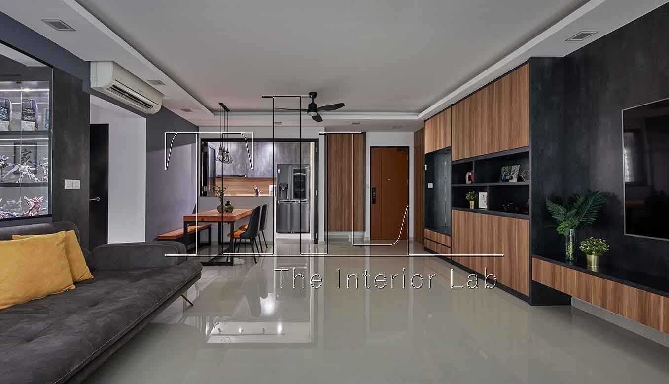 Industrial Living Room with Feature Wall and Open Kitchen