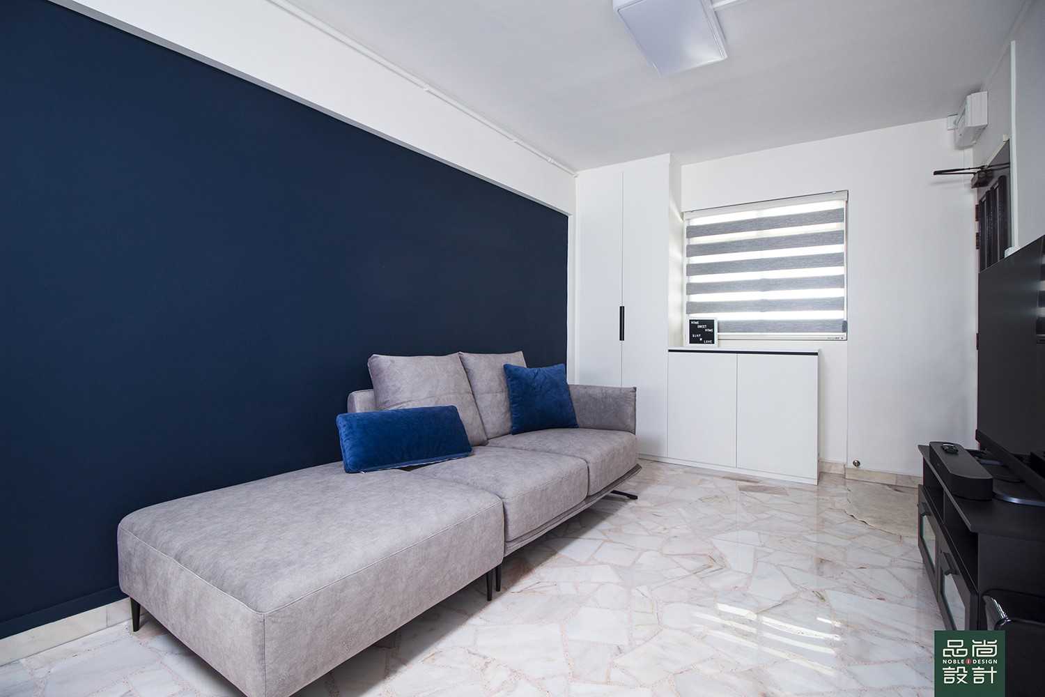 Modern Living Room with Marble Floor and Roller Blinds