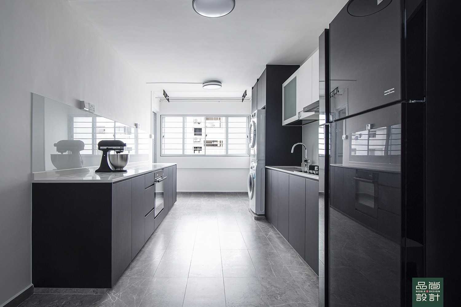 Modern Kitchen with Homogeneous Tiles and Ceiling Light