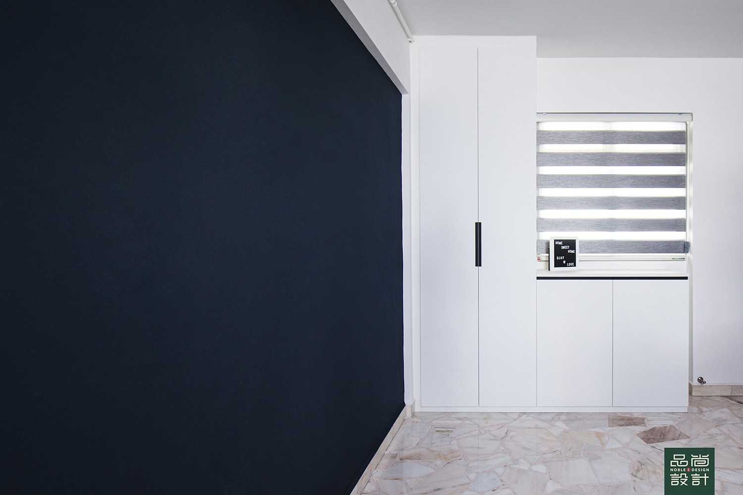 Modern Foyer with Marble Floor and Roller Blinds