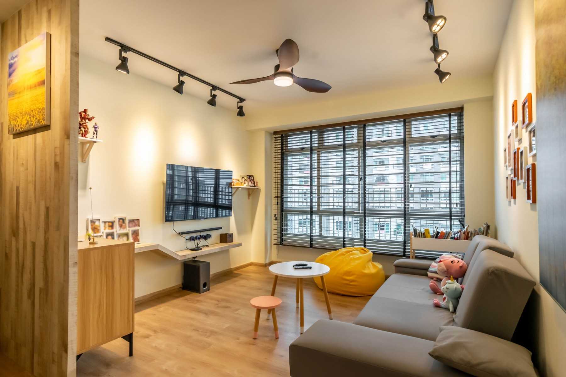Scandinavian Living Room with TV Console and Feature Wall