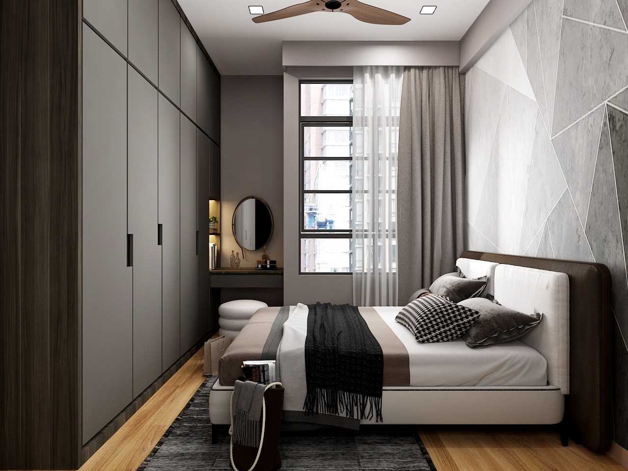 Modern Bedroom with Parquet Floor and Closet