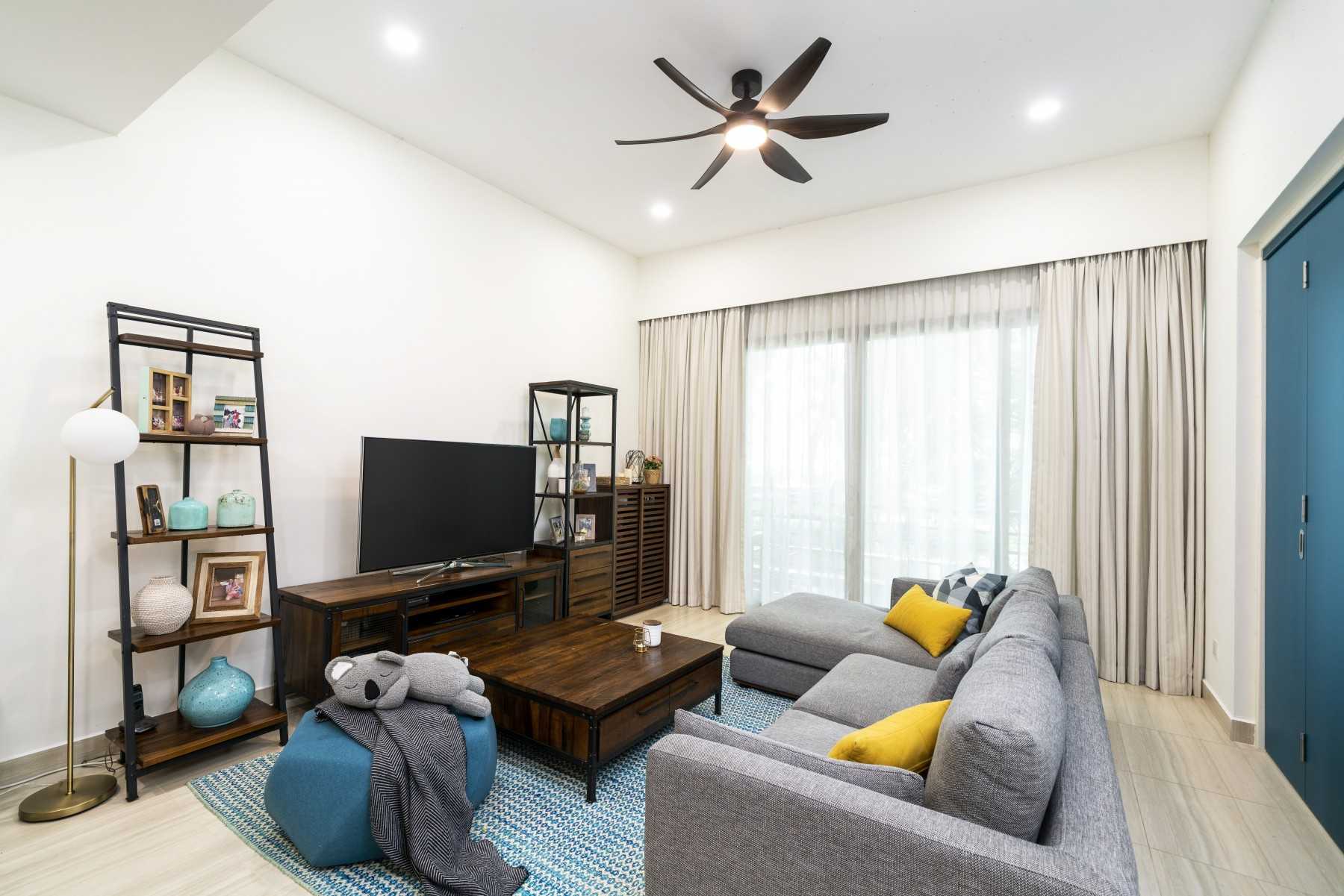 Modern Living Room with Bookshelf and Ceiling Light
