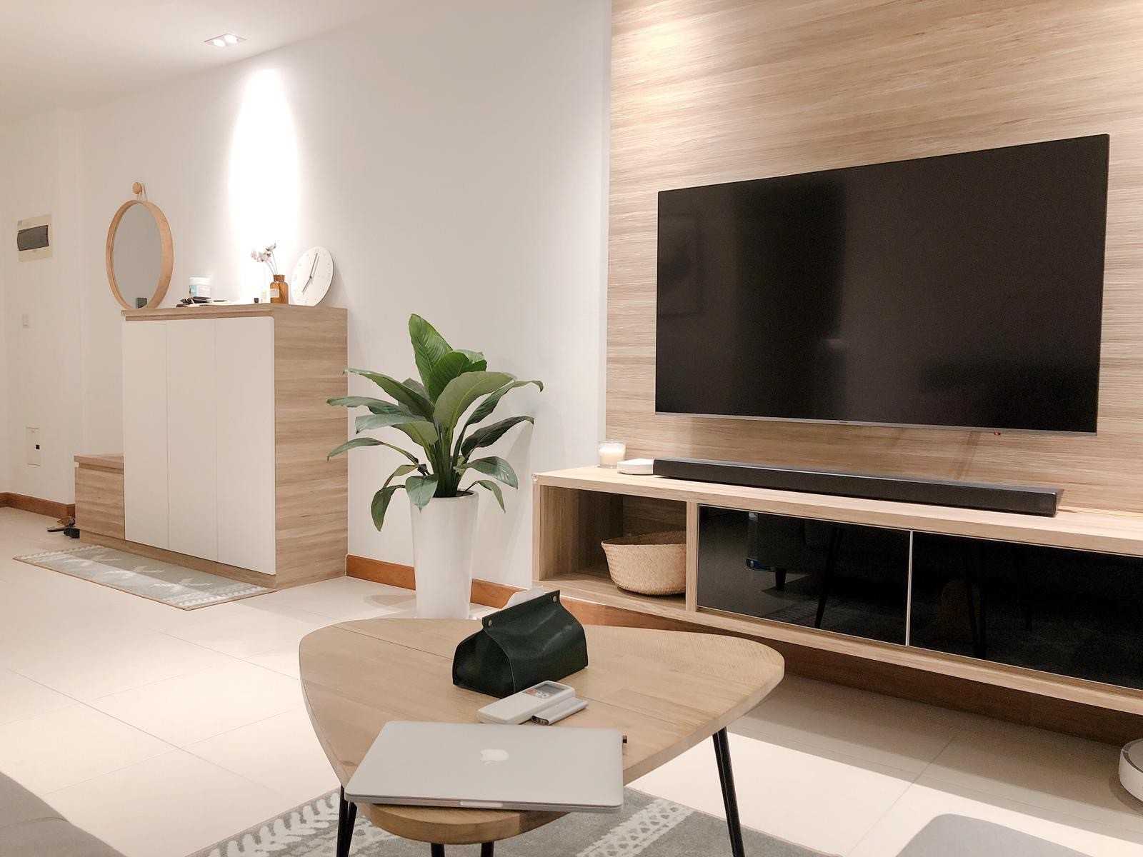 Scandinavian Living Room with Homogeneous Tiles and TV Console