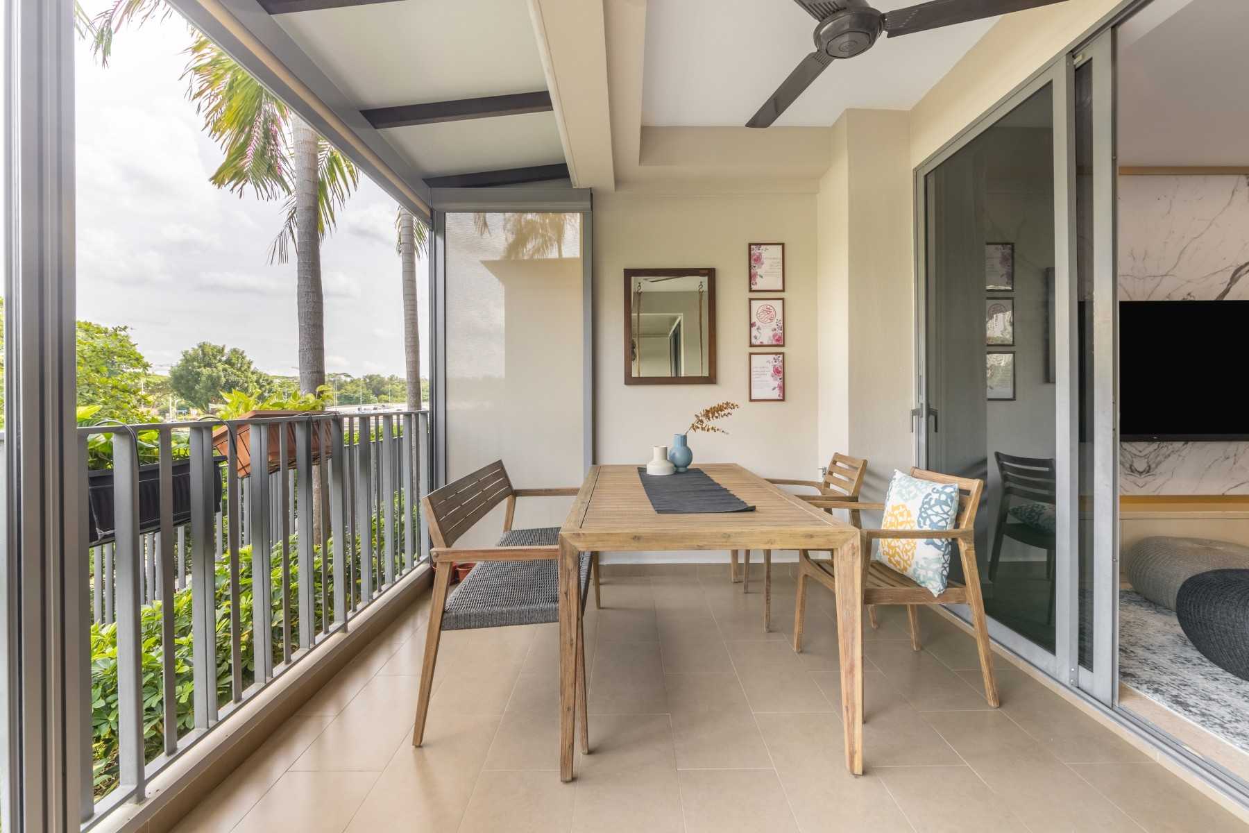 Modern Balcony with Bay Window and Window Seat