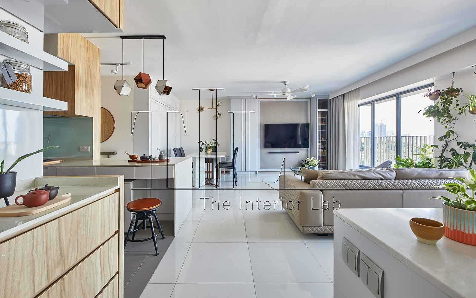 Contemporary Living Room with Countertop and Feature Wall
