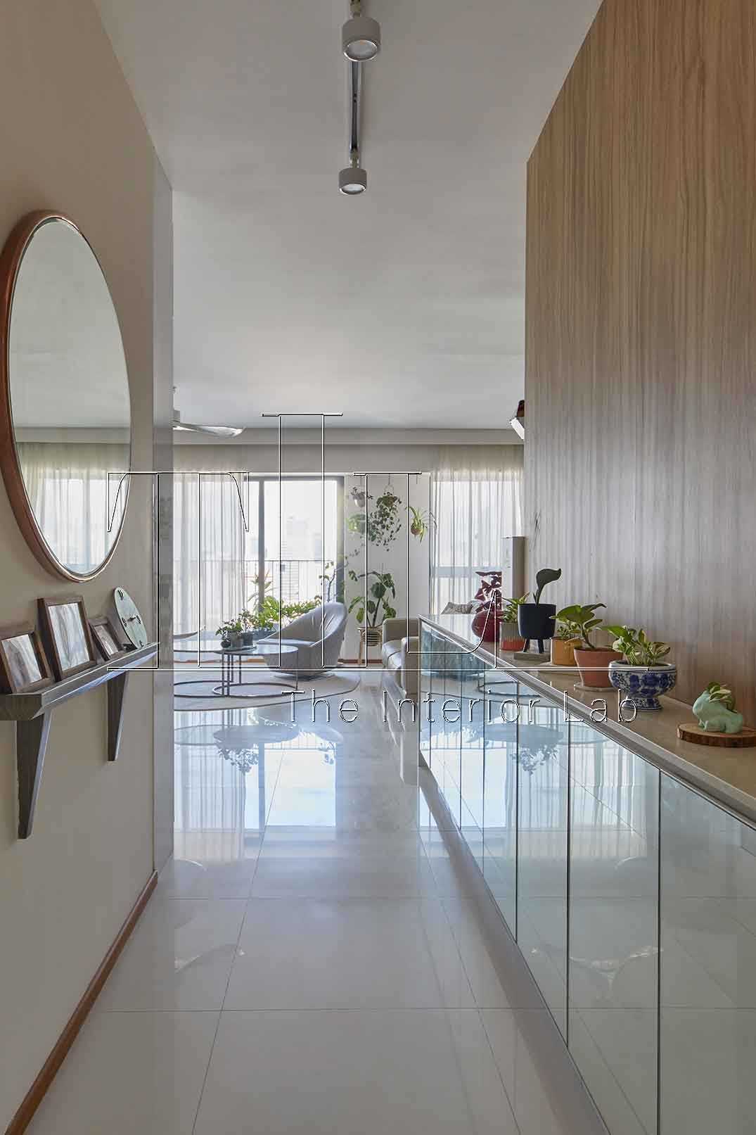 Contemporary Foyer with Marble Floor and Mirror