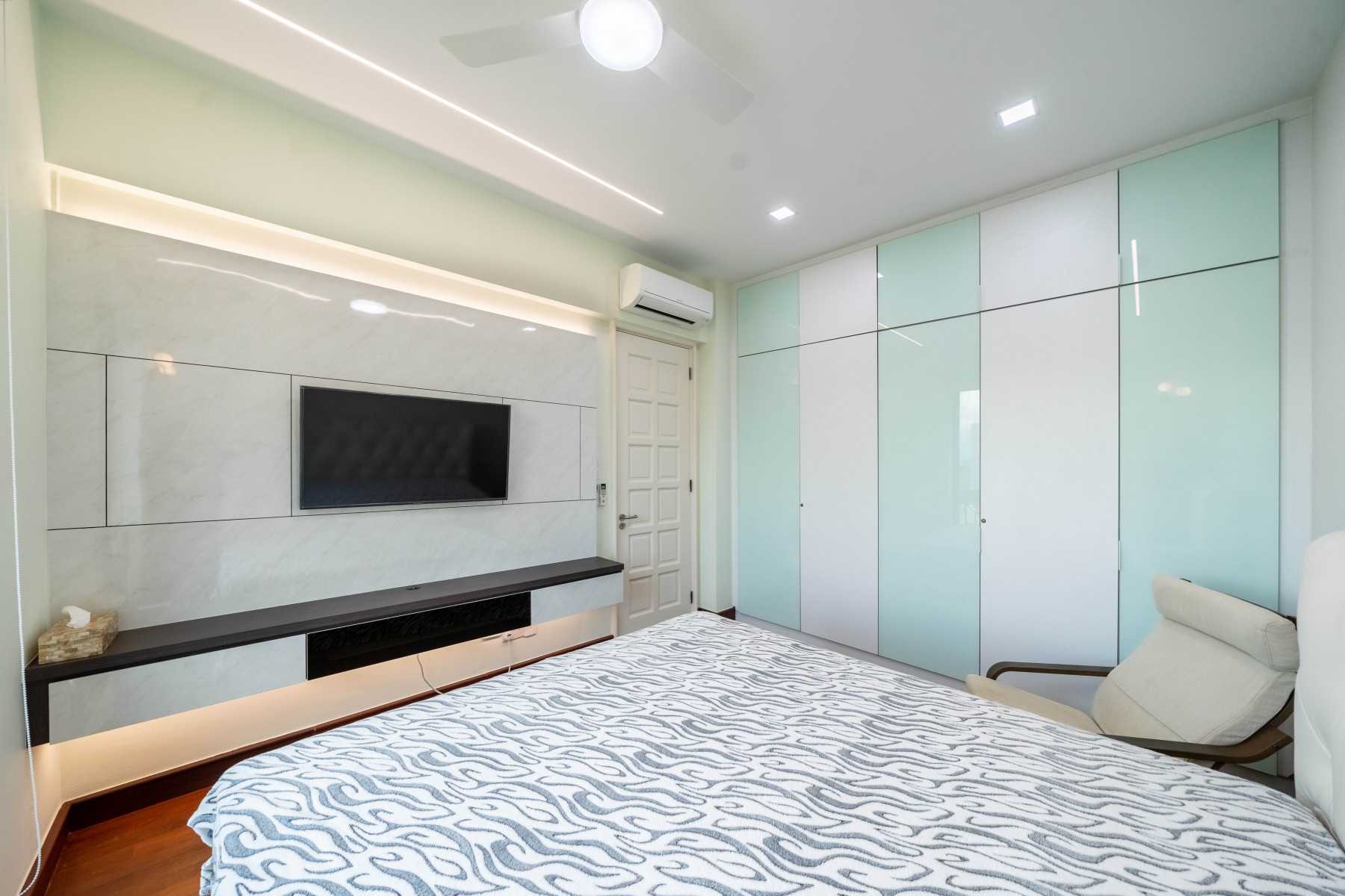 Contemporary Bedroom with TV Console and Drop Ceiling