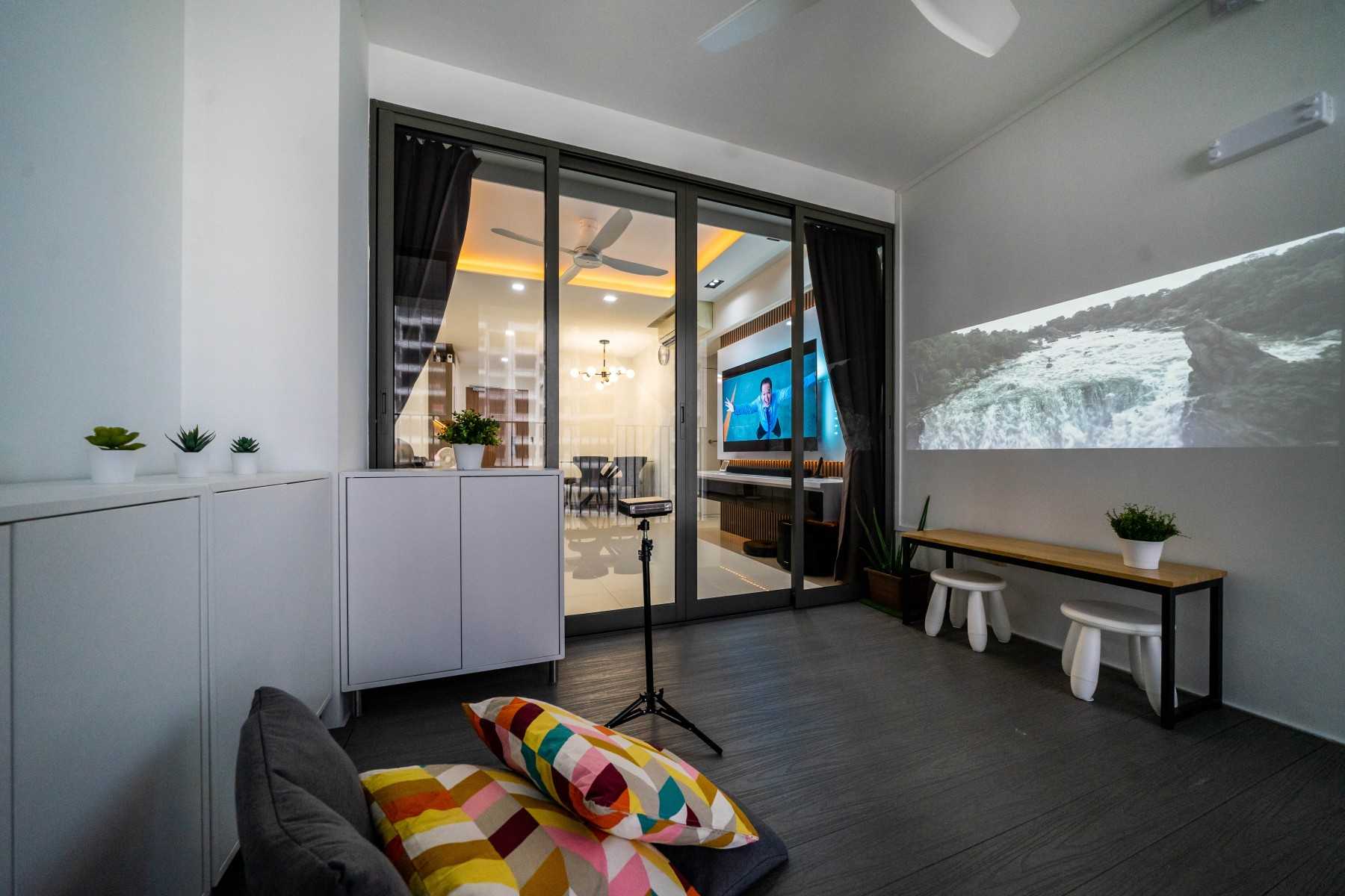 Contemporary Balcony with Window Grille and Curtain